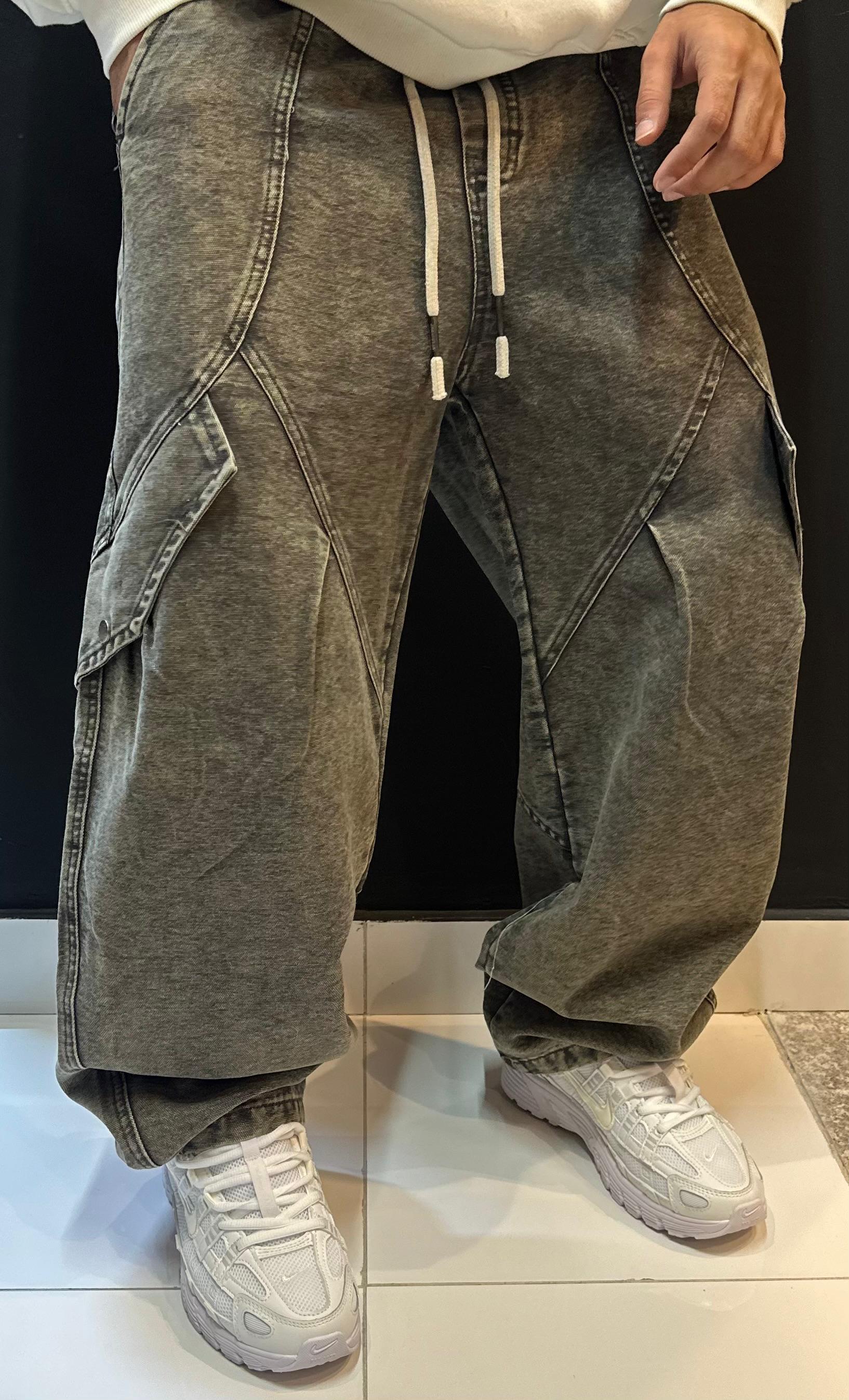 Washed Grey Baggy Cargo Denim Pants