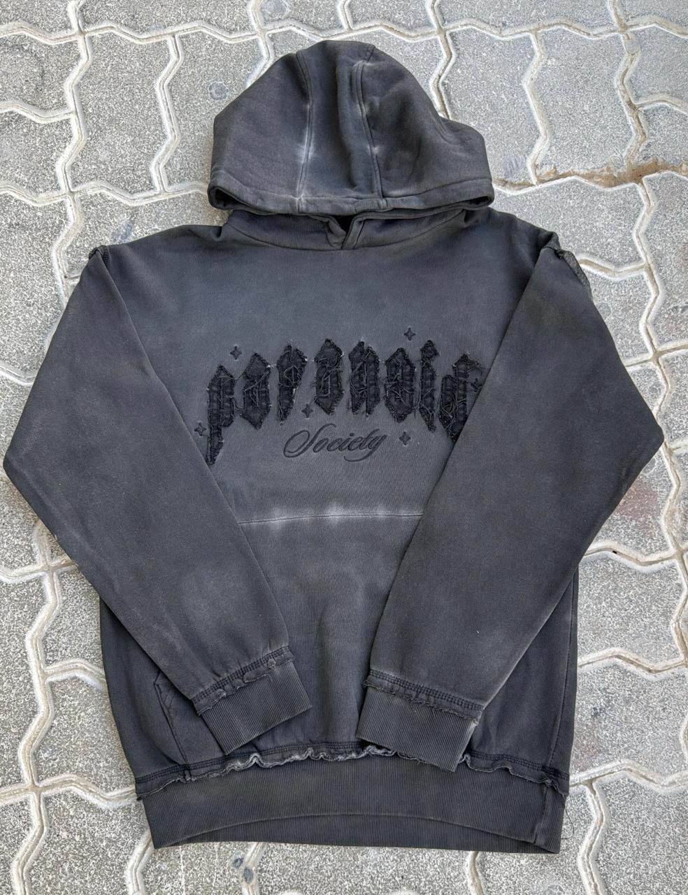 Vintage Wash "Paranoid Society" Hoodie | Distressed Black Charcoal Pullover | Gothic Streetwear