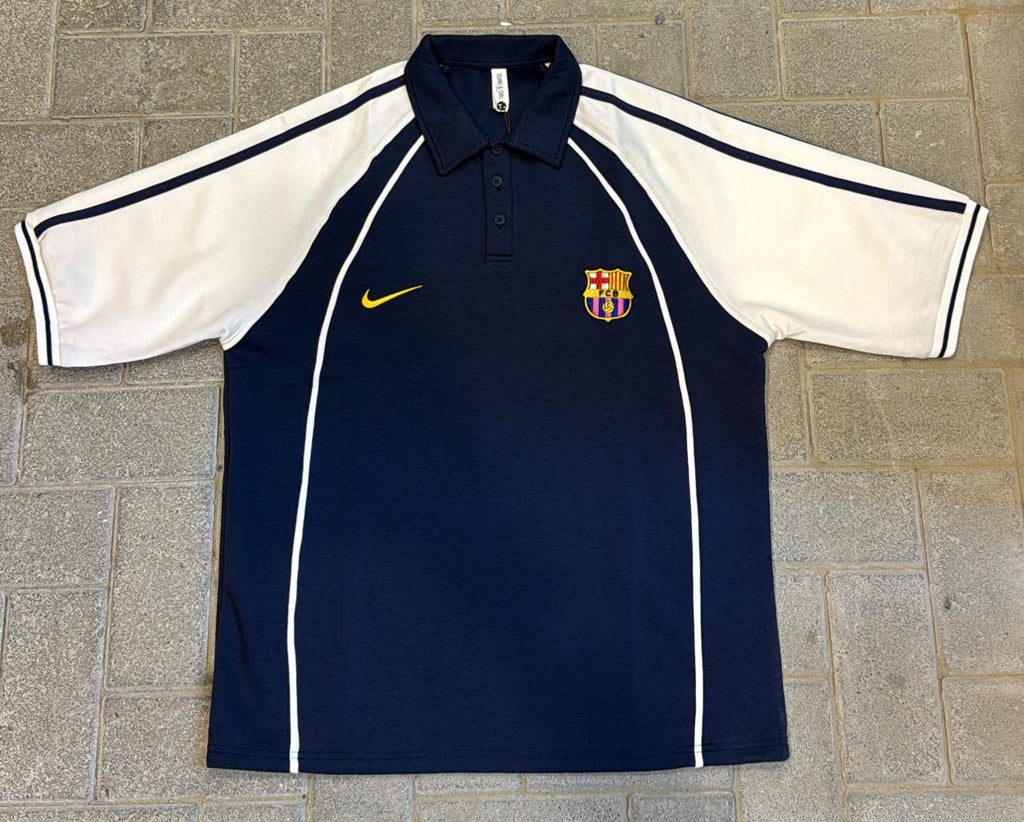 Vintage Nike FC Barcelona Polo Shirt - Navy Blue & White Raglan Sleeve