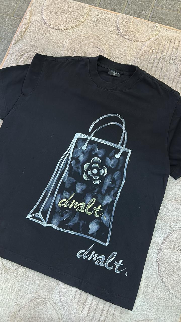 Bold Black Graphic T-Shirt | Hand-Drawn Style Shopping Bag Print Tee