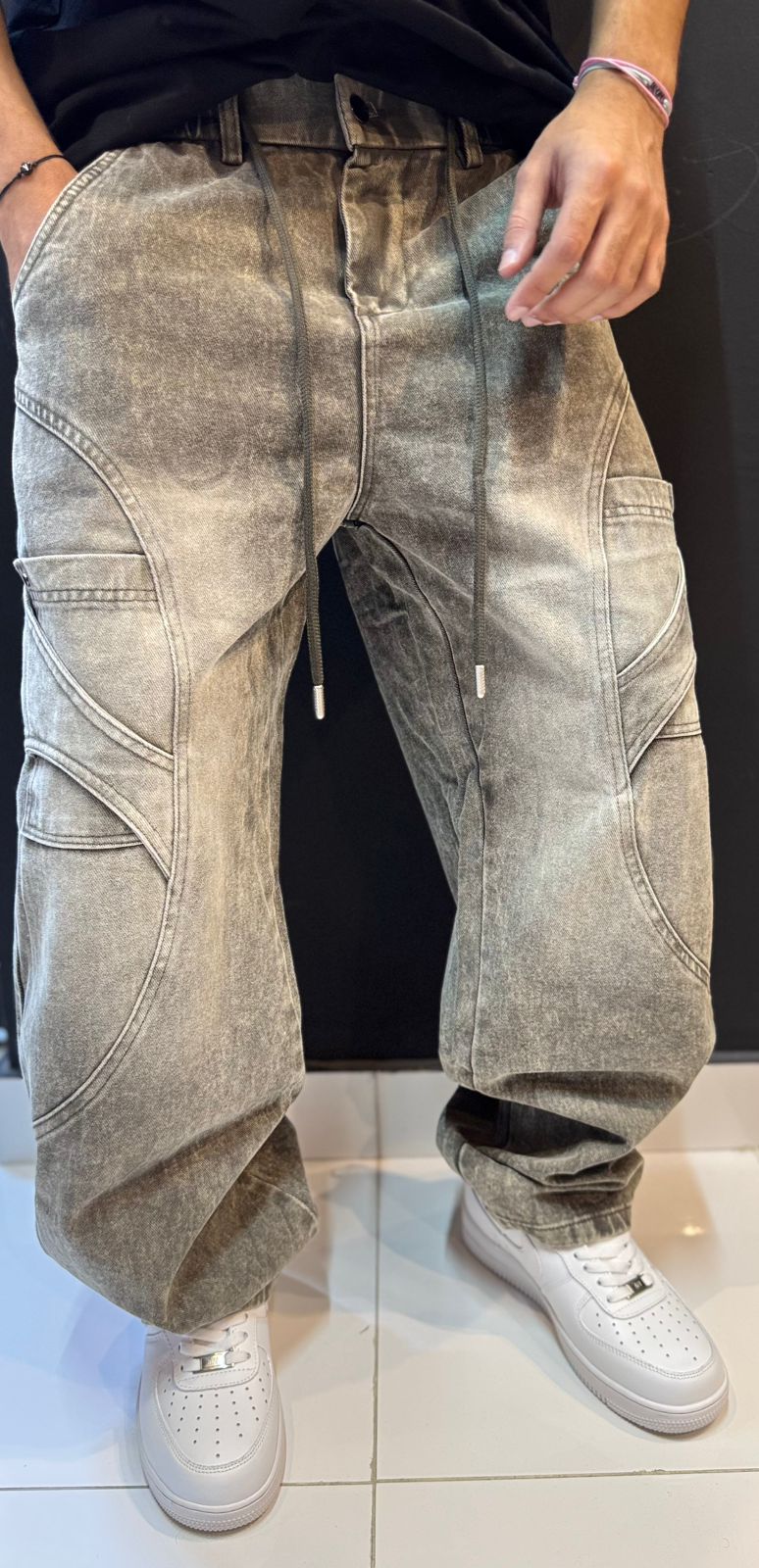 Vintage Washed Khaki/Taupe Baggy Denim Cargo Pants