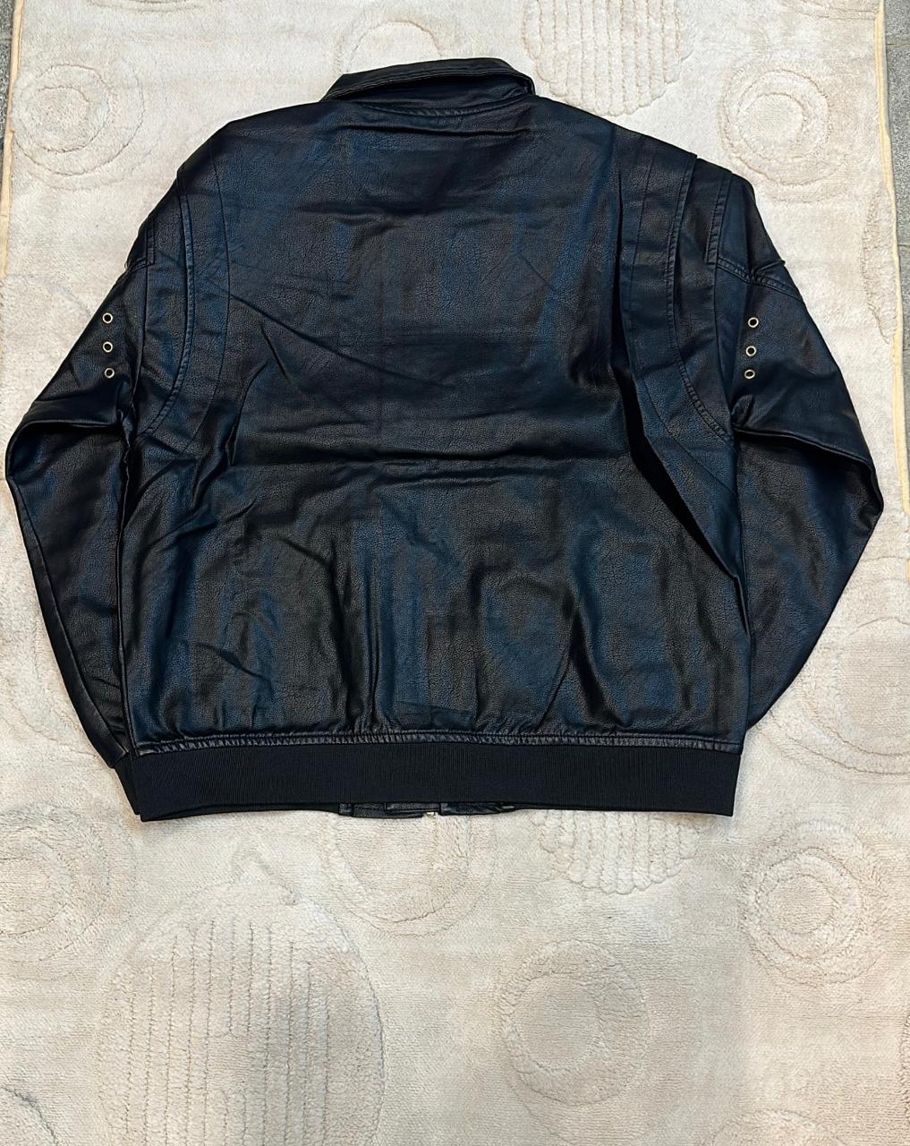 Black Faux Leather Bomber Jacket with Collar