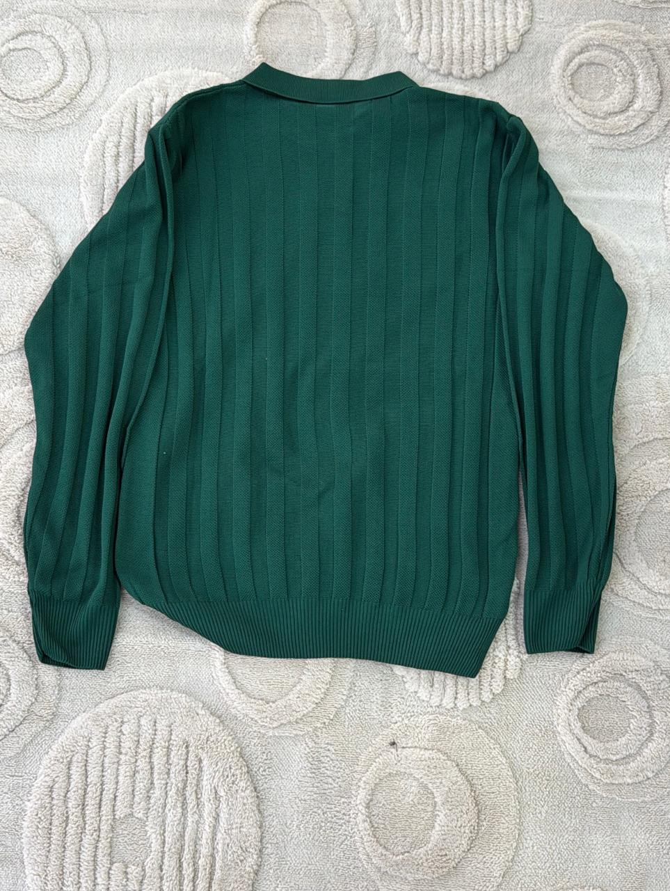 ZARA Emerald Green Ribbed Knit Polo Sweater | Popover V-Neck Jumper