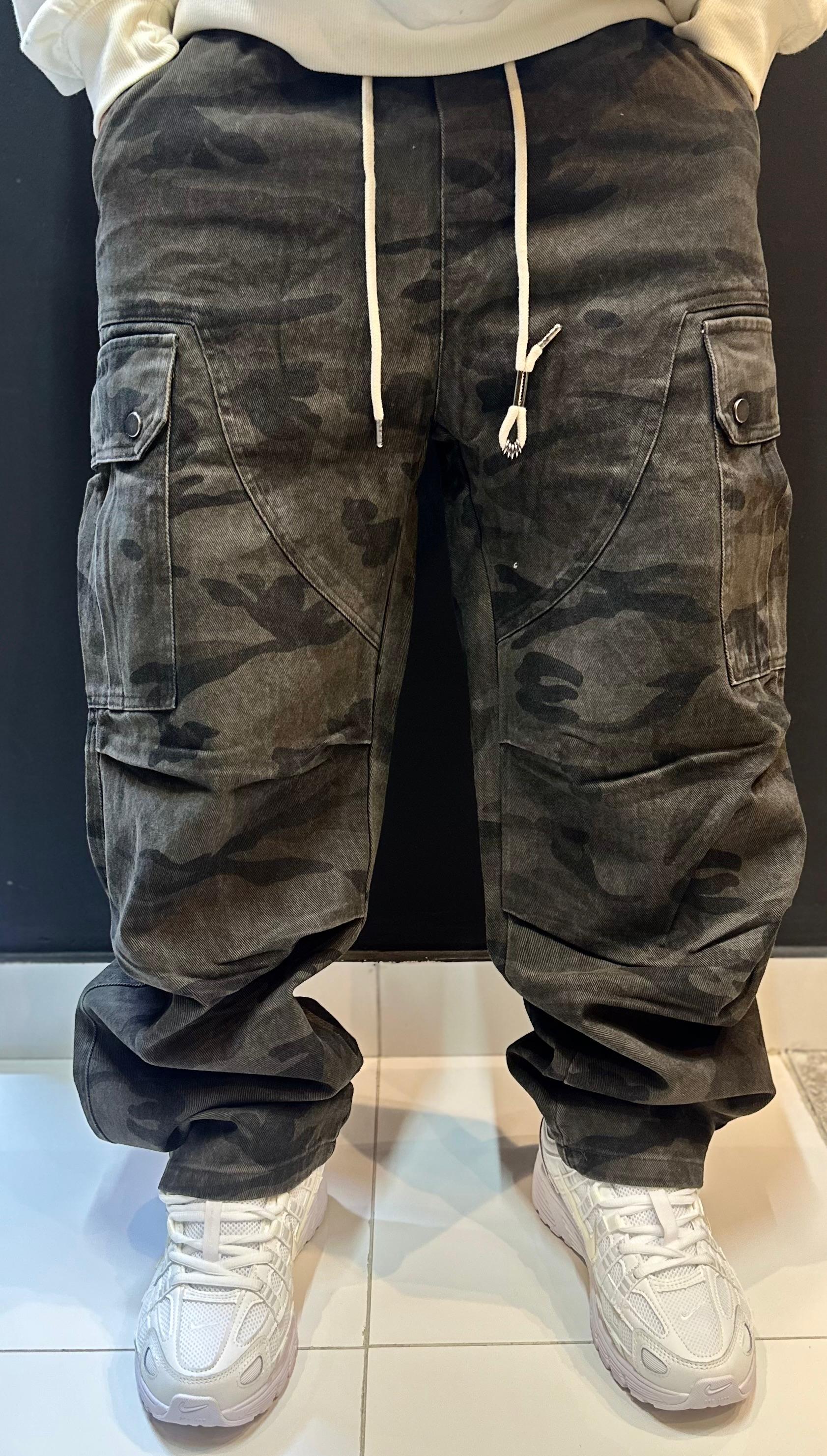 Washed Black Camo Baggy Cargo Pants