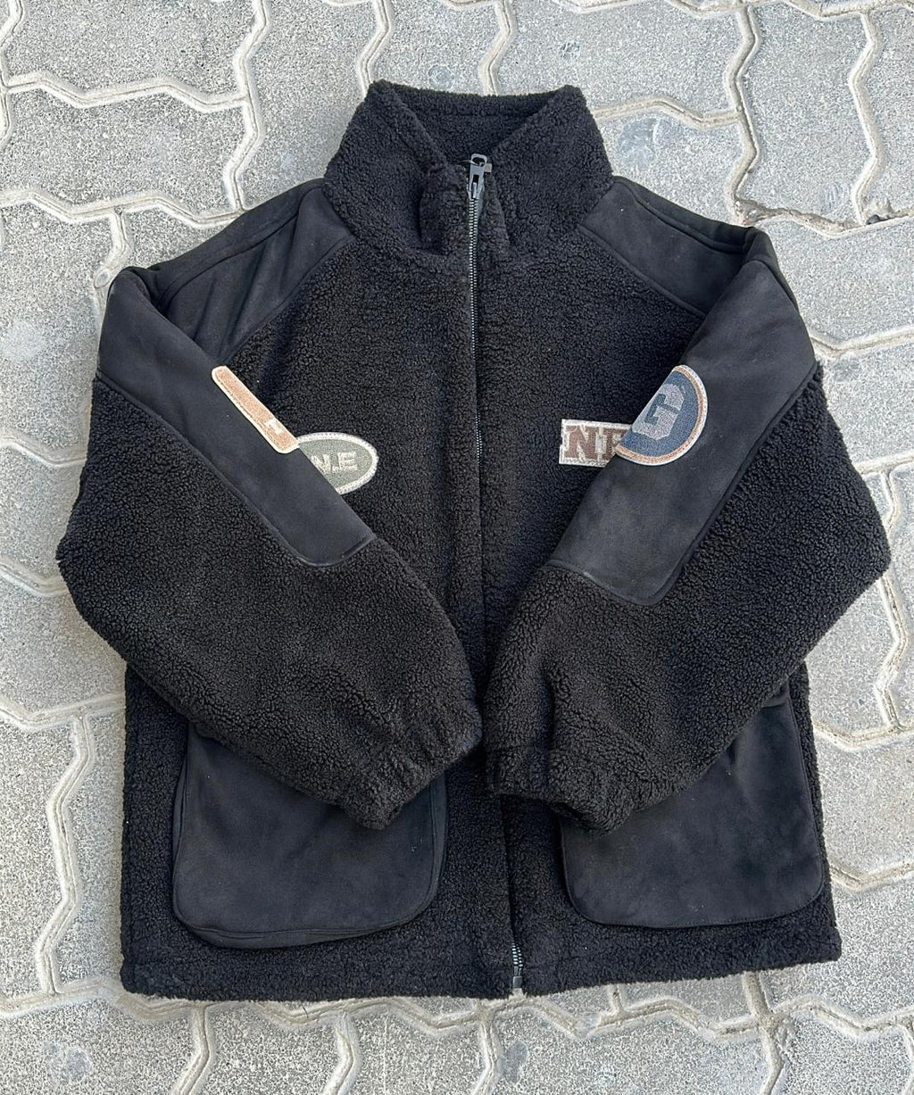 Black Sherpa Fleece Zip-Up Jacket | Suede Patch & Patches Streetwear Outerwear