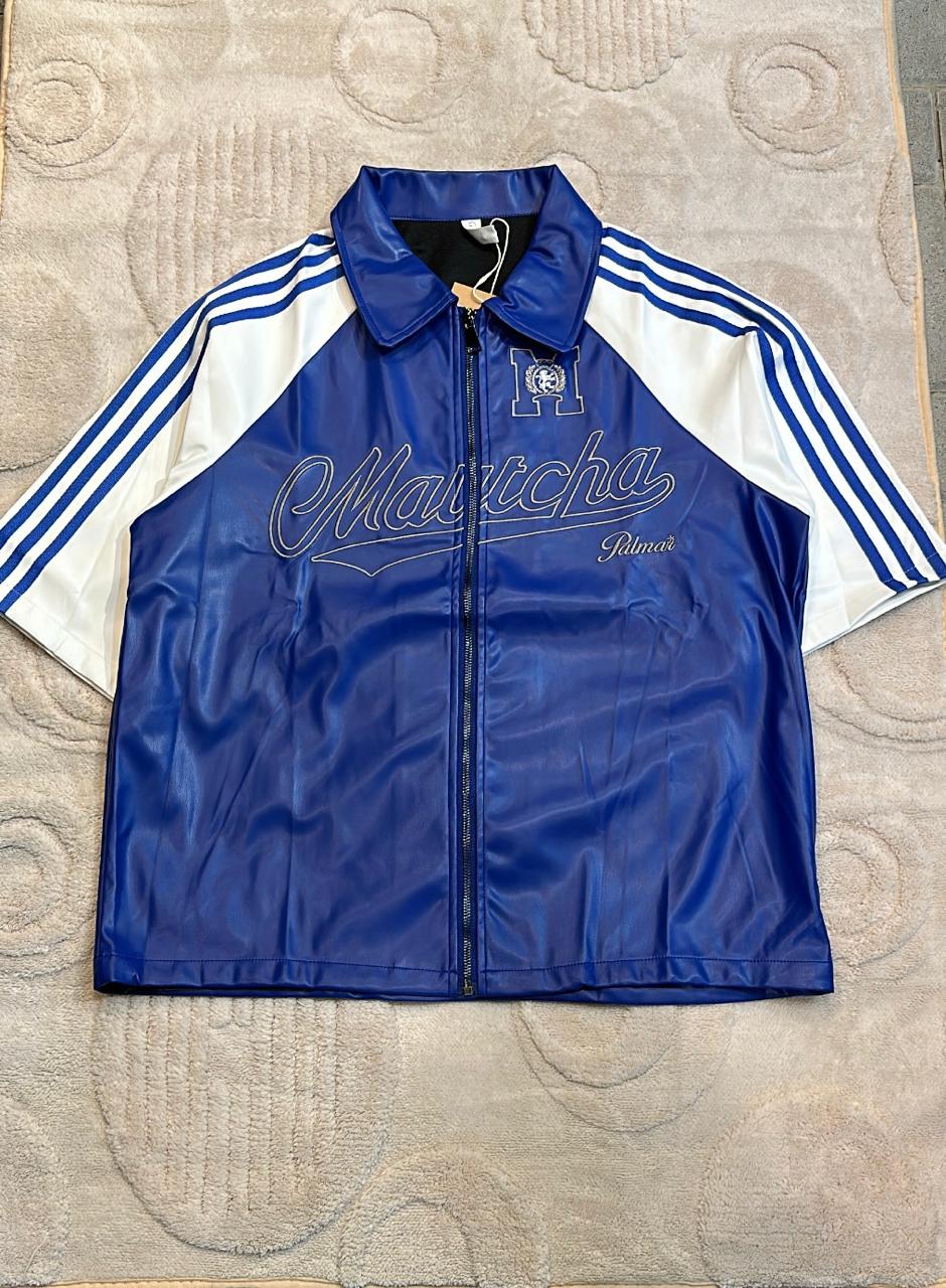 Maricha Palmar Blue Faux Leather Short-Sleeve Zip-Up Jacket | Striped Sporty Collar Top