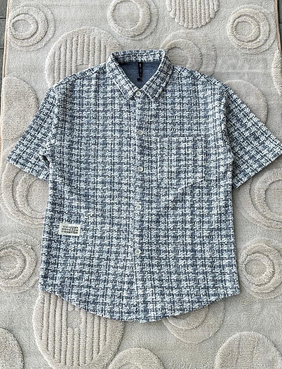 Navy & White Bouclé-Knit Short Sleeve Shirt | Textured Plaid Button-Down