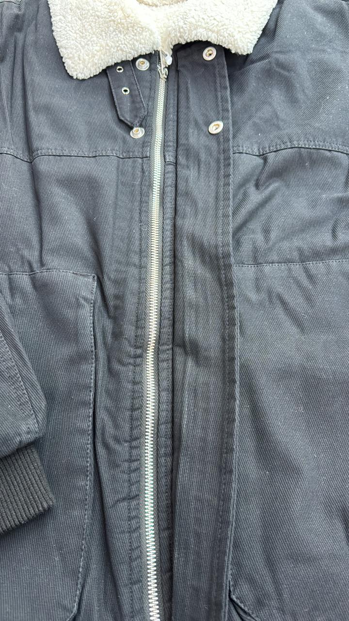 Black Canvas Bomber Jacket with White Sherpa/Fleece Collar