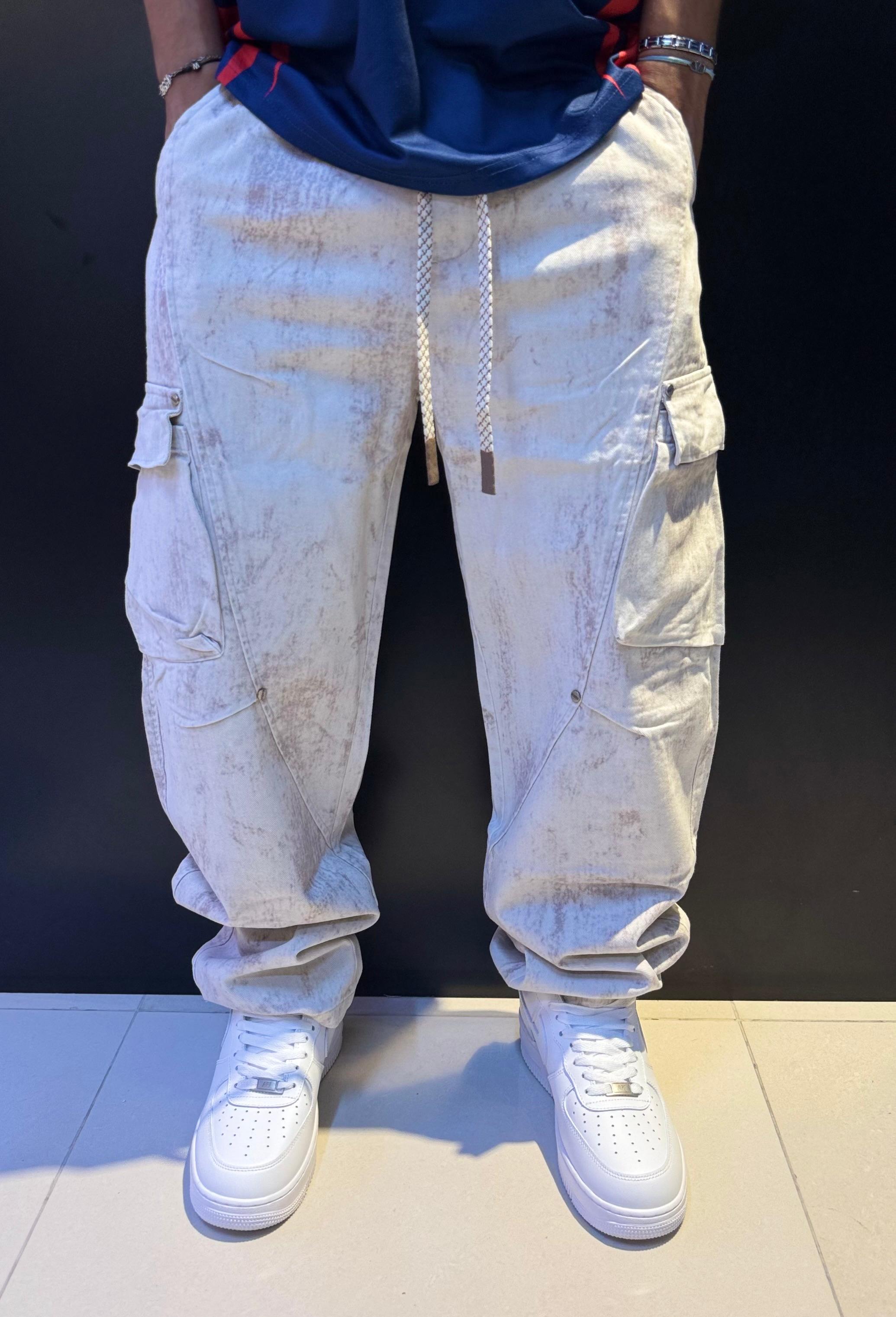 Men's Baggy Cargo Pants - White & Brown Acid Wash