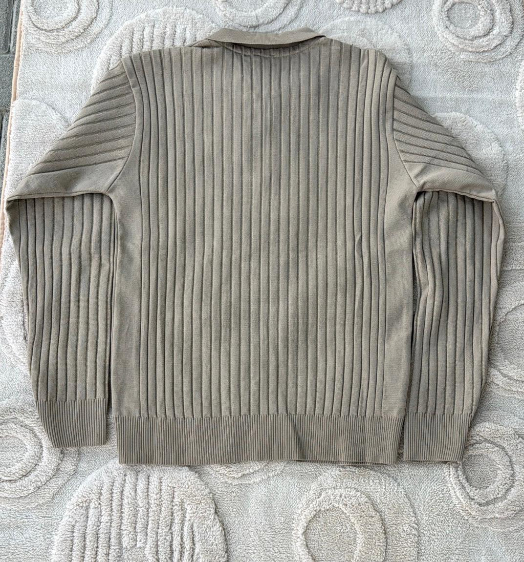Zara Taupe Ribbed Knit Quarter-Zip Polo Sweater | Beige Jumper