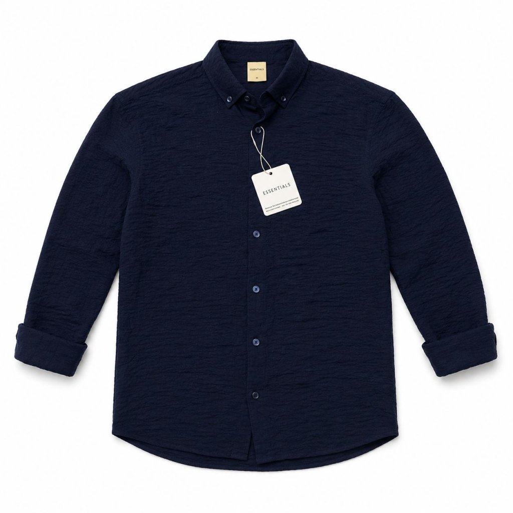 Essentials Men's Textured Seersucker Long-Sleeve Button-Down Shirt – Navy Blue - Darkdxb