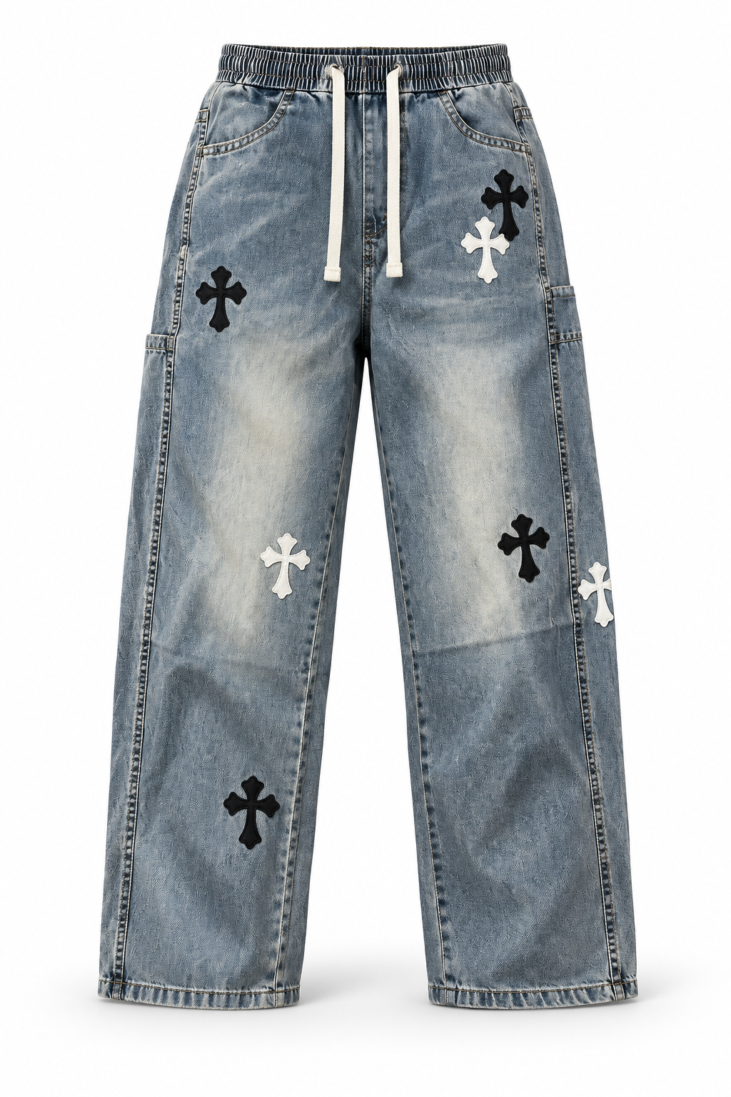 Washed Blue Cross-Patch Wide-Leg Jeans