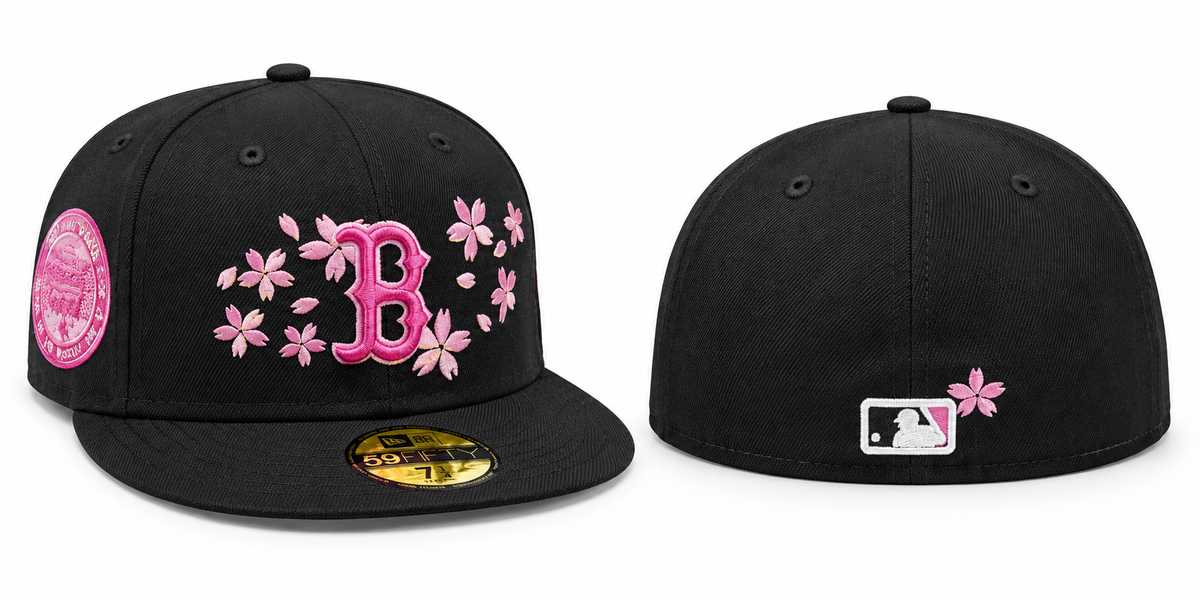 Black Fitted Cap with Pink B & Cherry Blossom Embroidery