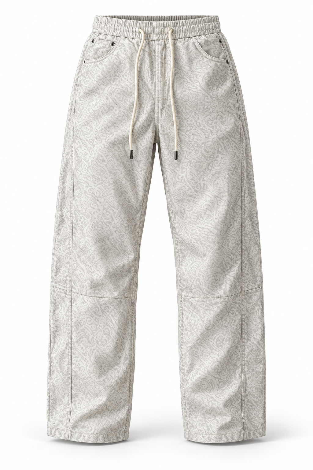 Ivory Patterned Wide-Leg Drawstring Pants