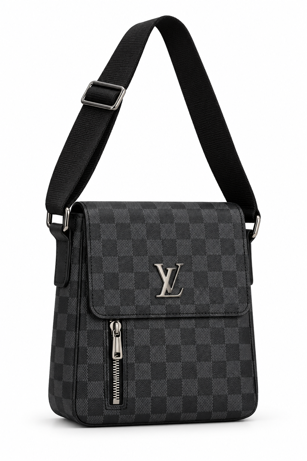 Black Checkerboard Crossbody Bag with Front Zipper
