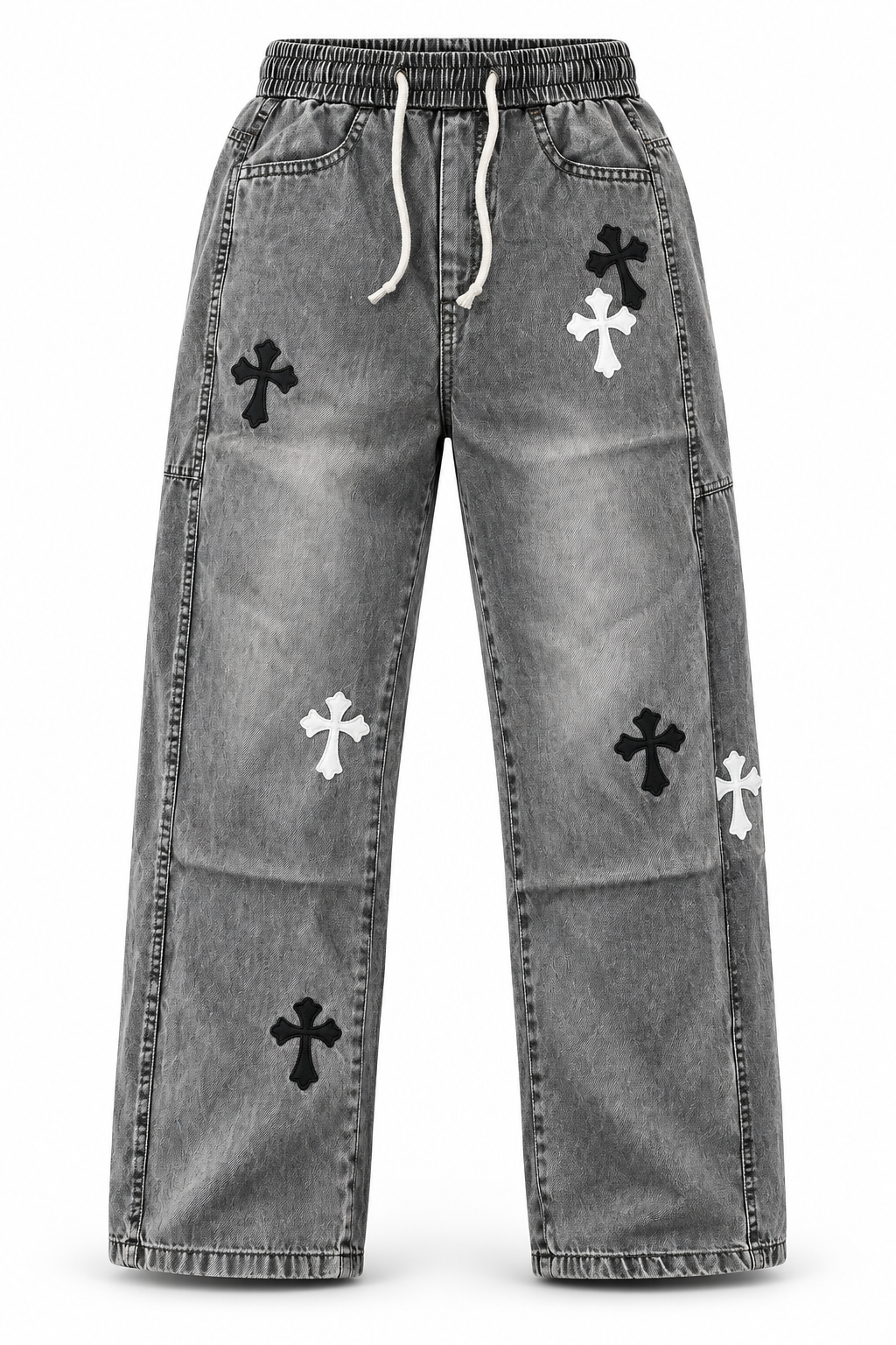 Washed Grey Cross-Patch Wide-Leg Jeans