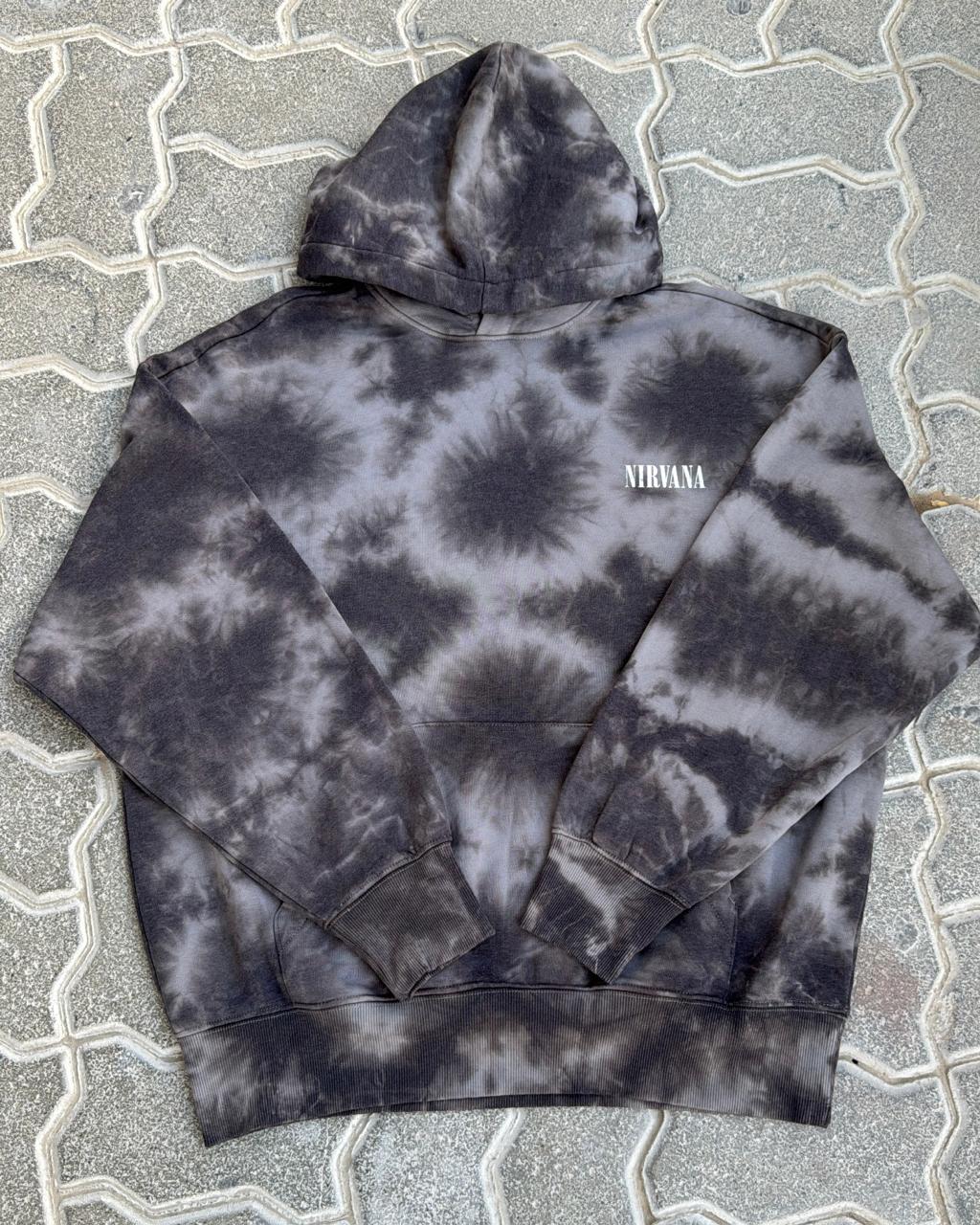 Nirvana Tie-Dye Hoodie | Charcoal & Grey Acid Wash Pullover | Grunge Band Merch Sweatshirt