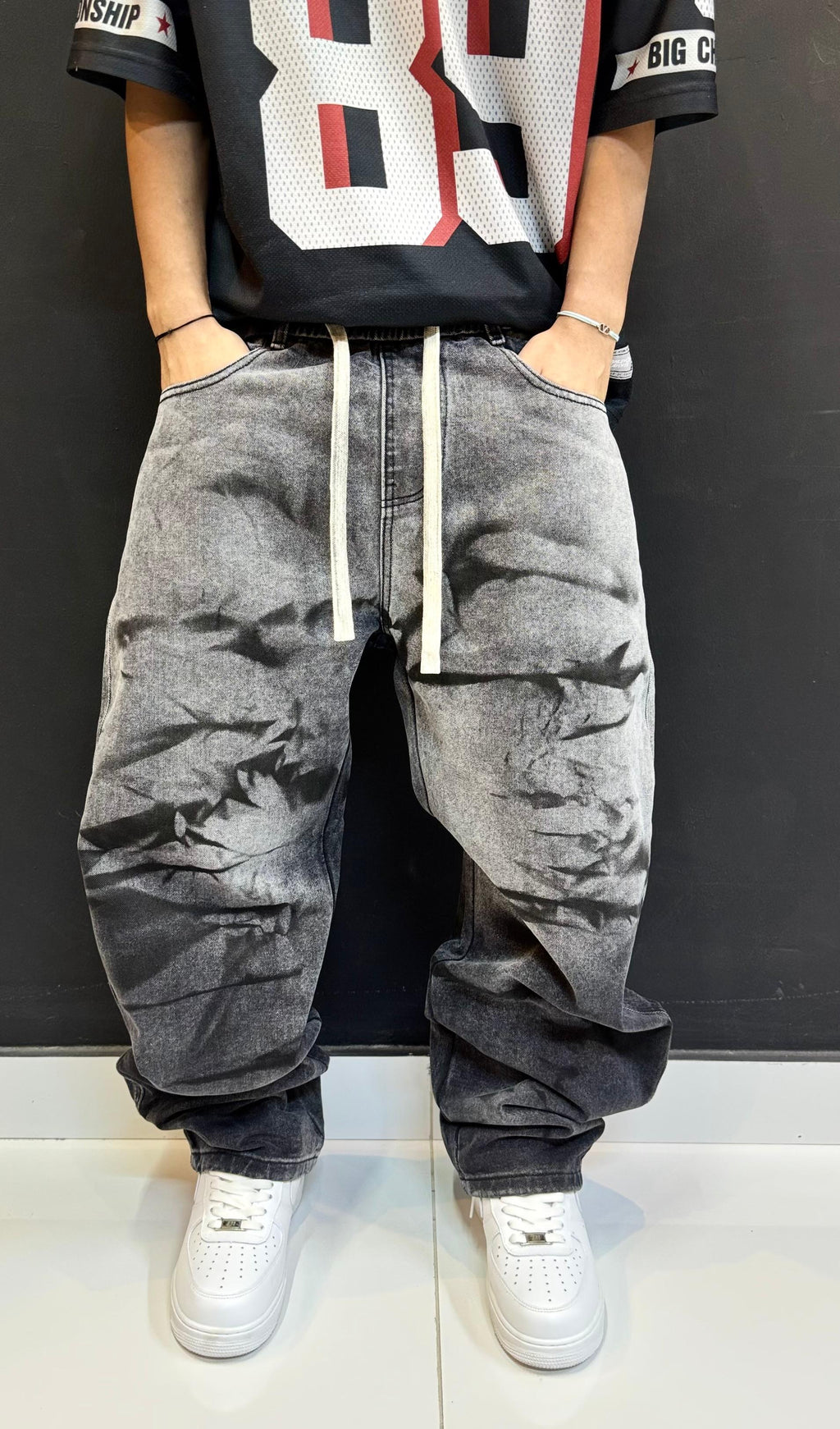 Oversized Wash Grey Baggy Denim Jeans | Distressed Fade Streetwear Pants