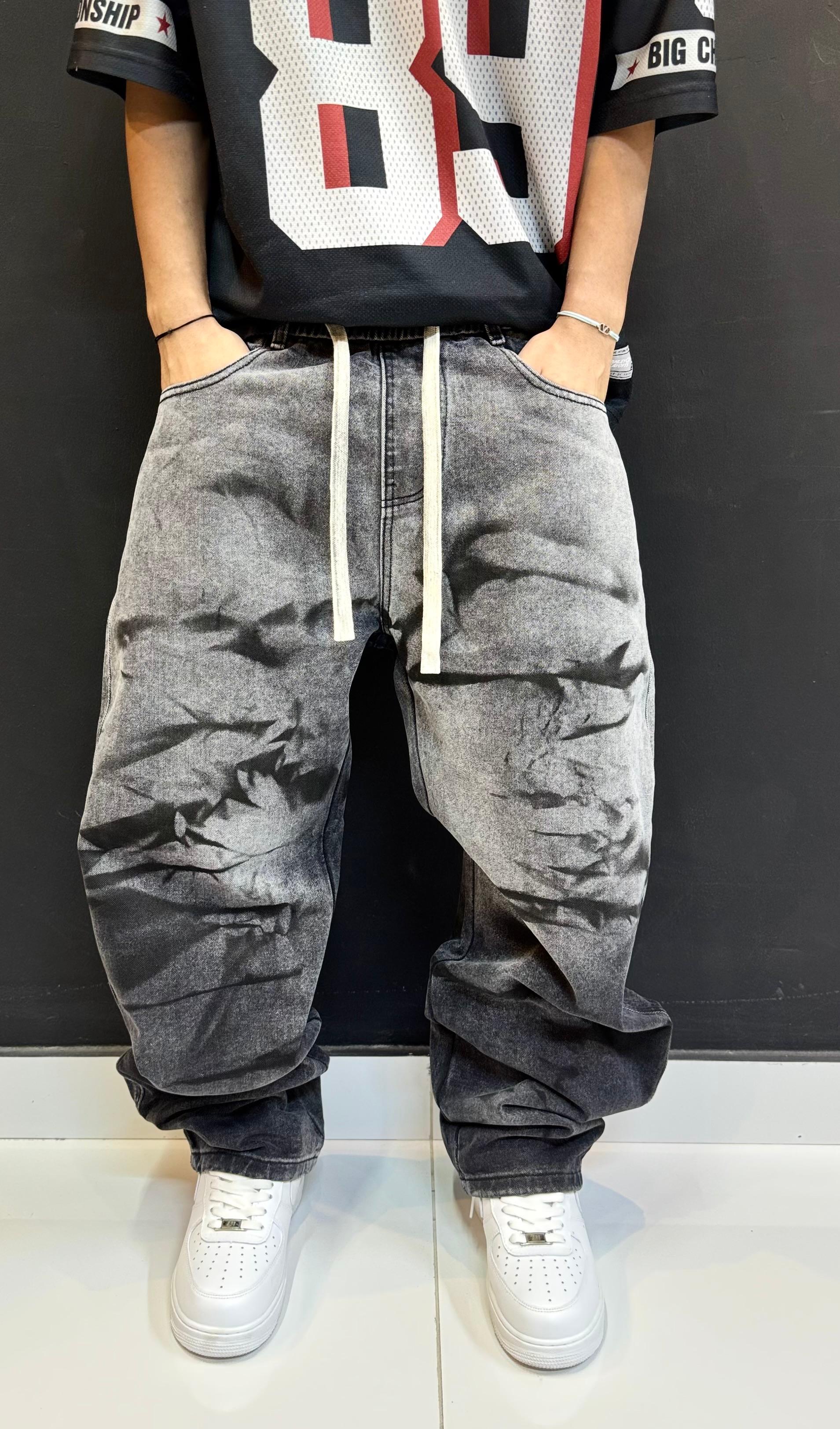 Oversized Wash Grey Baggy Denim Jeans | Distressed Fade Streetwear Pants