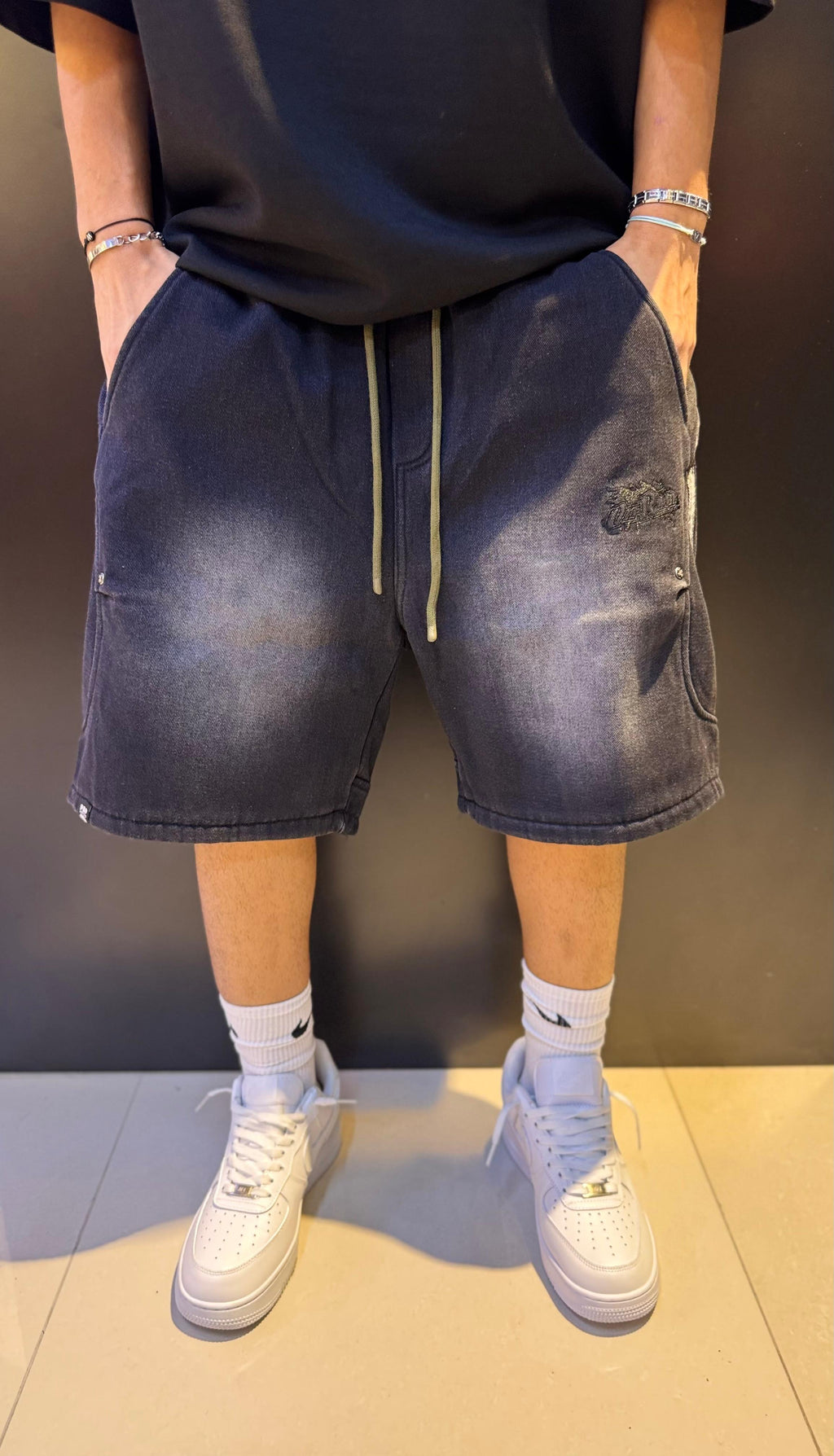 Washed Black Denim-Look Shorts with White Graphic and Drawstring