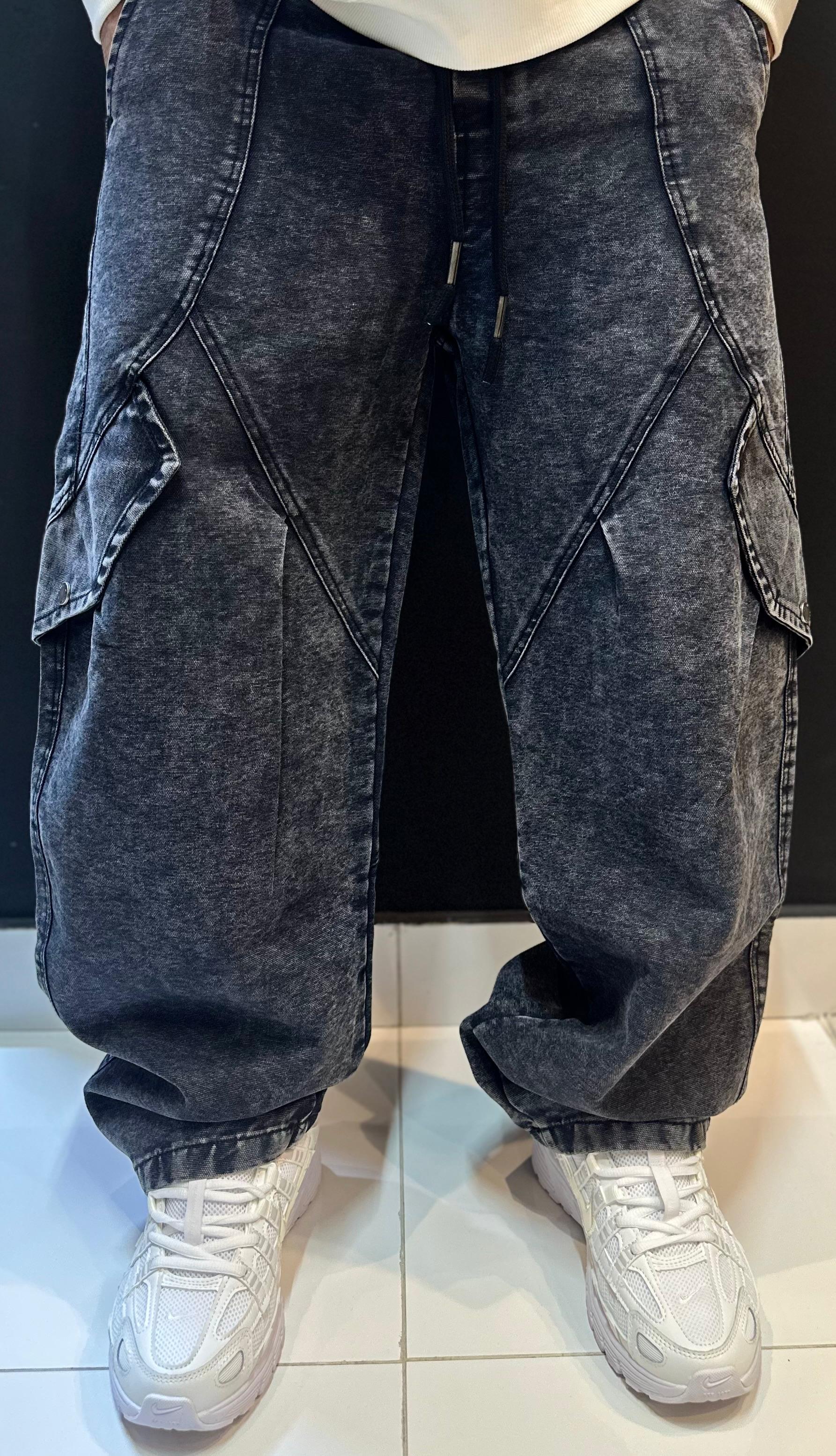Deep Charcoal Acid Wash Baggy Cargo Denim