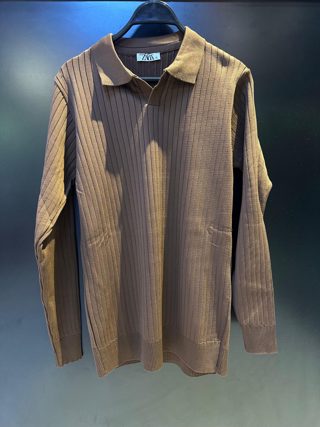 Zara Men's Ribbed Knit Long-Sleeve Polo Sweater