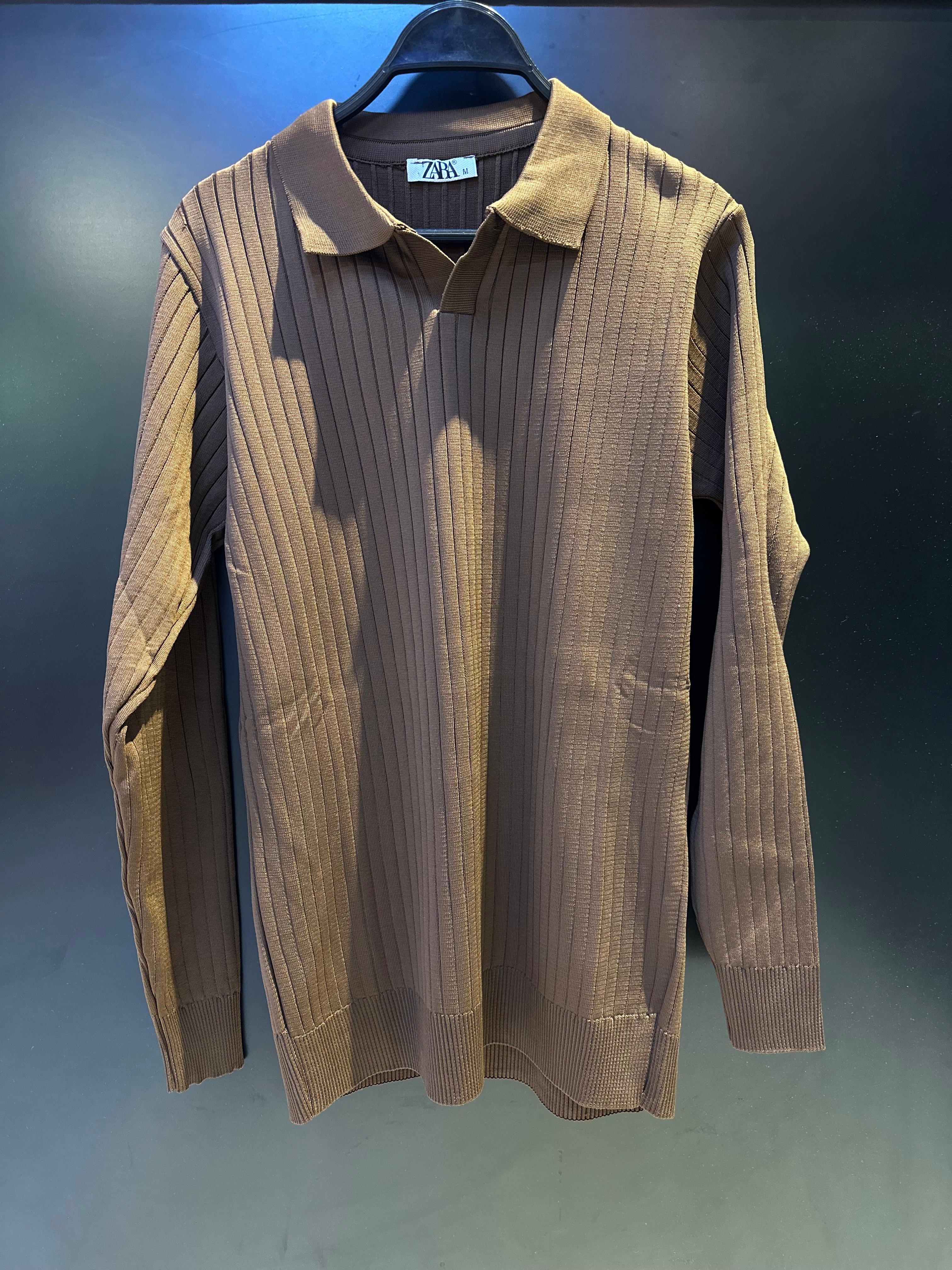 Zara Men's Ribbed Knit Long-Sleeve Polo Sweater