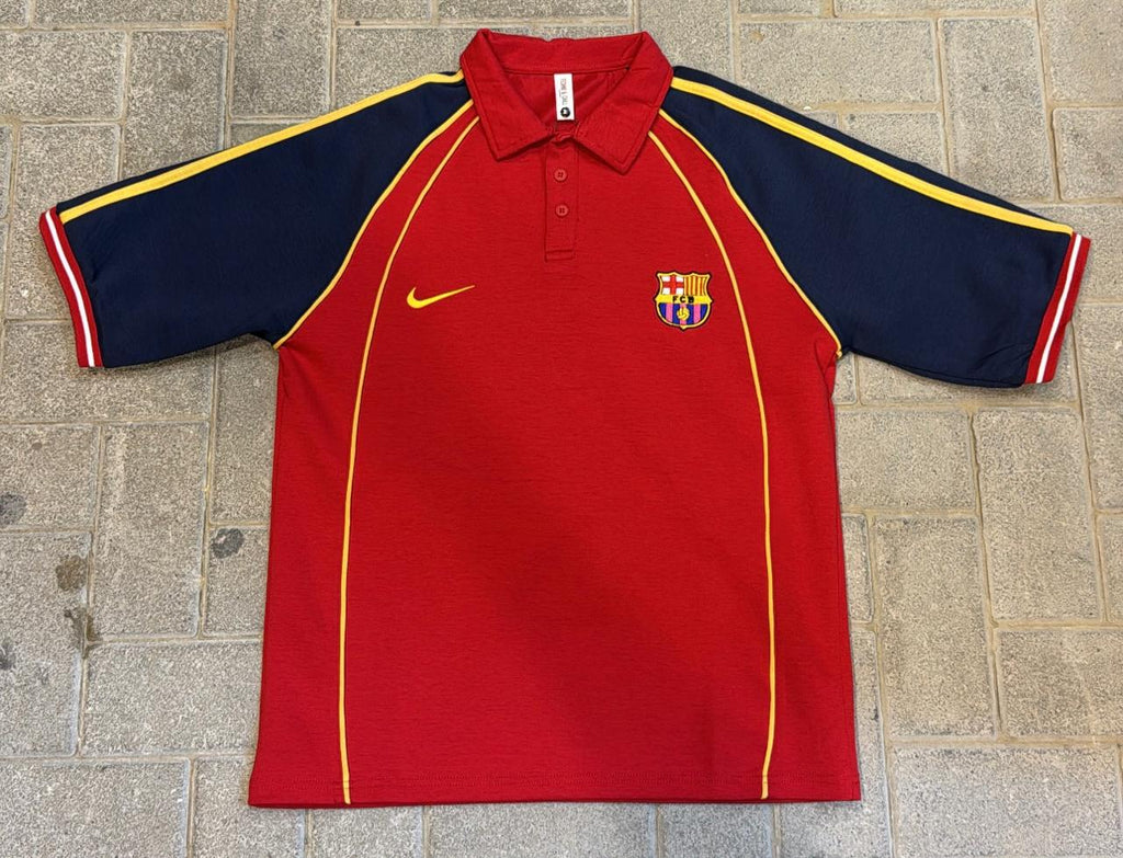 Nike FC Barcelona Red Polo Shirt - Navy Blue Sleeves & Yellow Trim