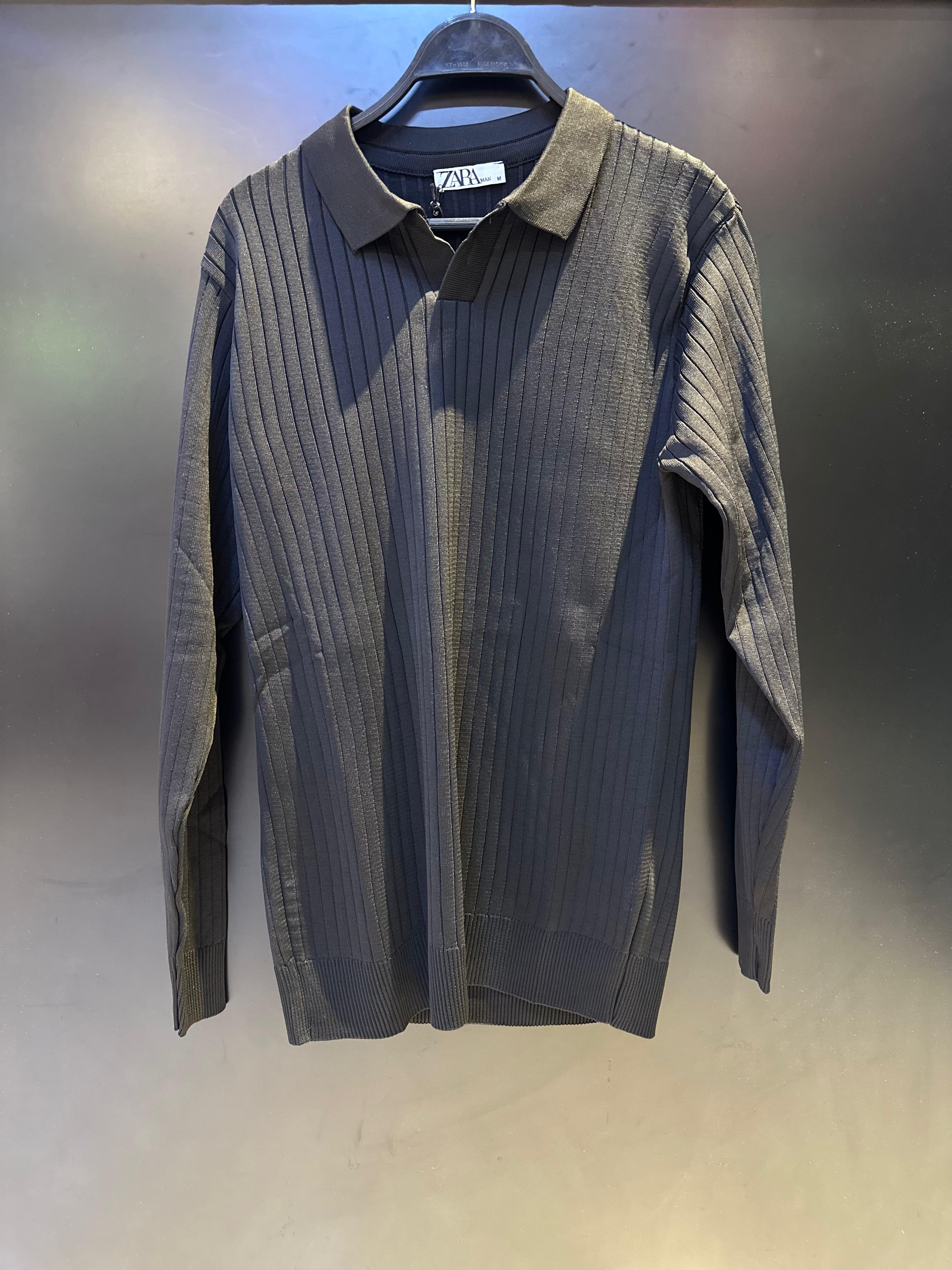 Zara Dark Charcoal Ribbed Knit Long-Sleeve Polo