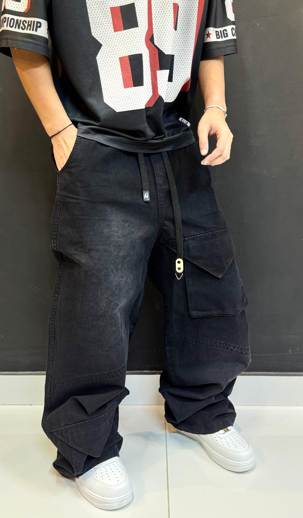 Oversized Black Wash Baggy Cargo Pants | Distressed Streetwear Trousers