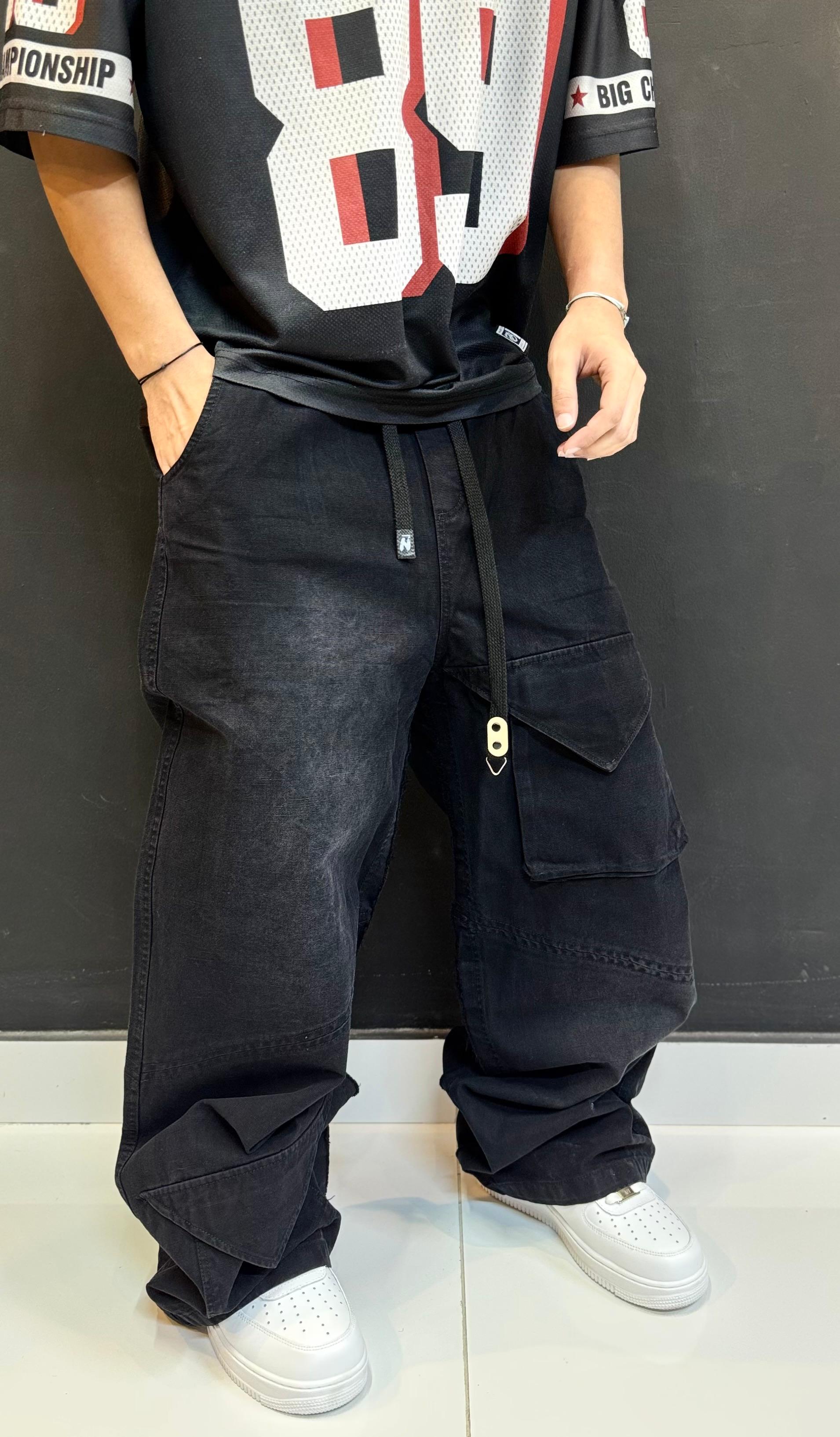 Oversized Black Wash Baggy Cargo Pants | Distressed Streetwear Trousers