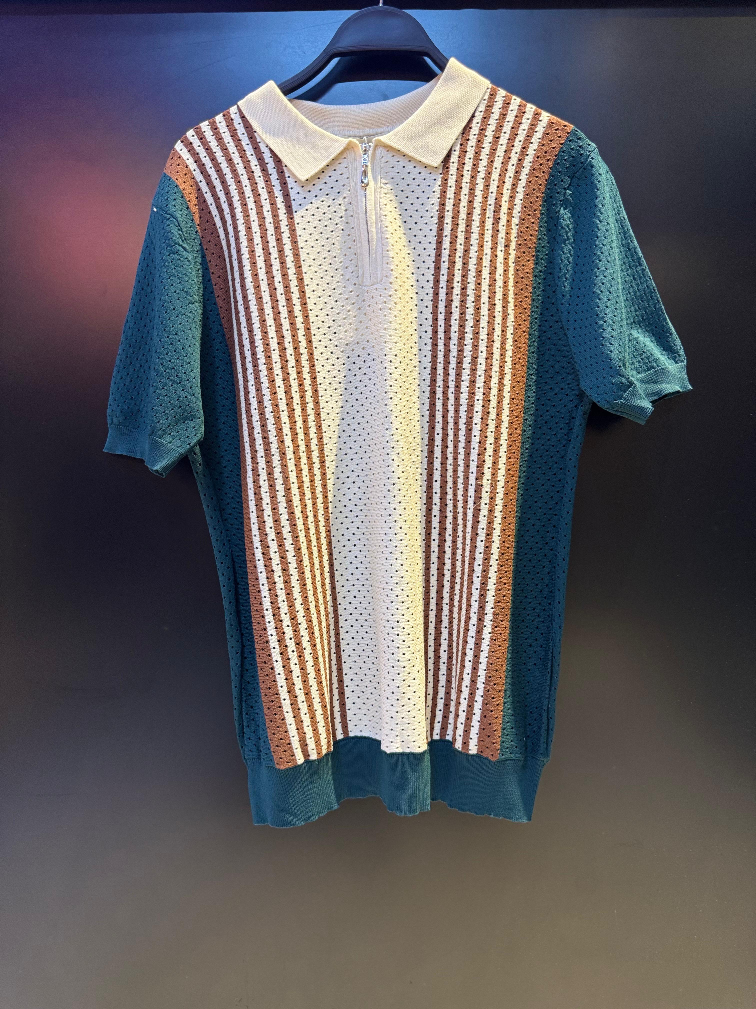 Multi-Color Striped and Perforated Knit Polo Shirt