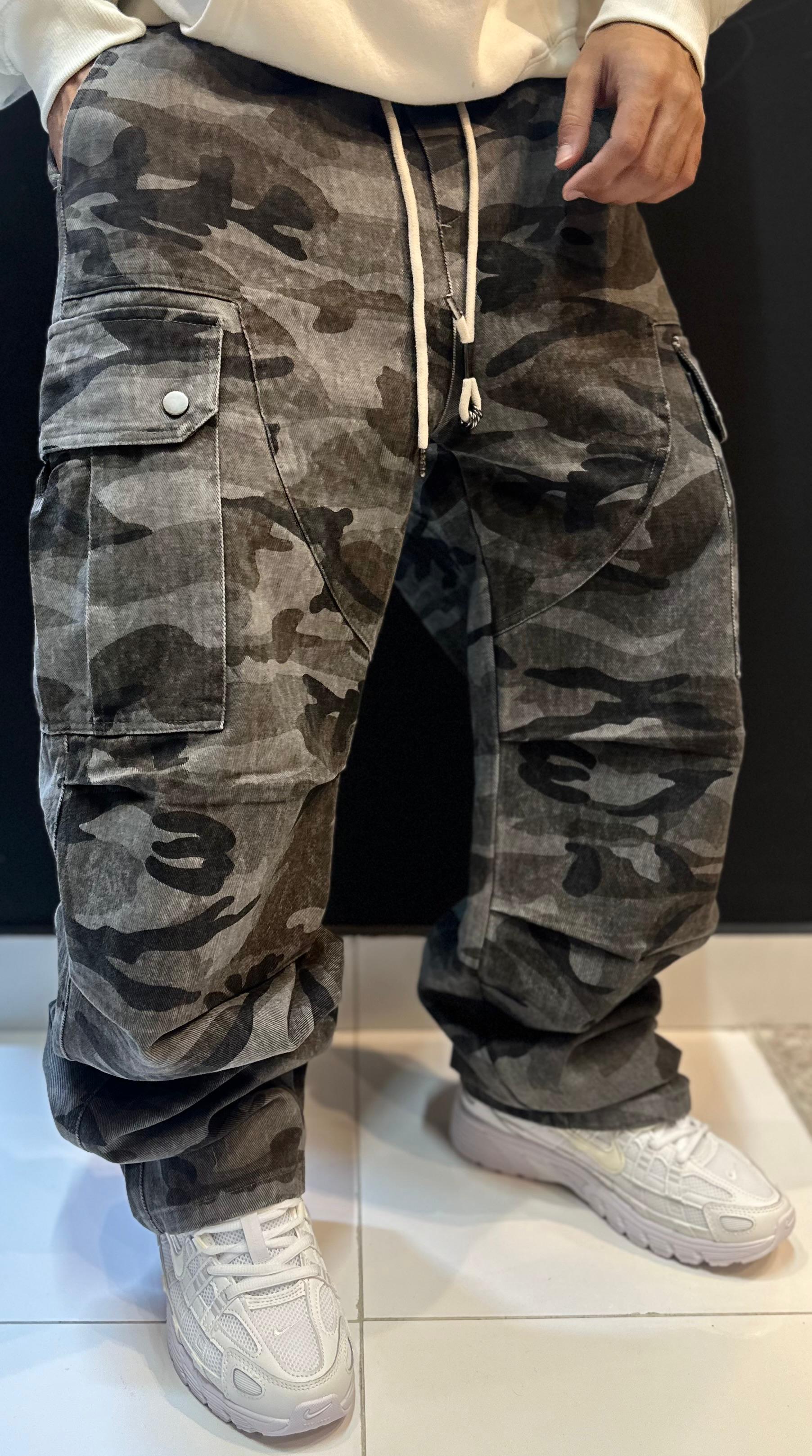 Dark Grey Camouflage Corduroy Cargo Pants