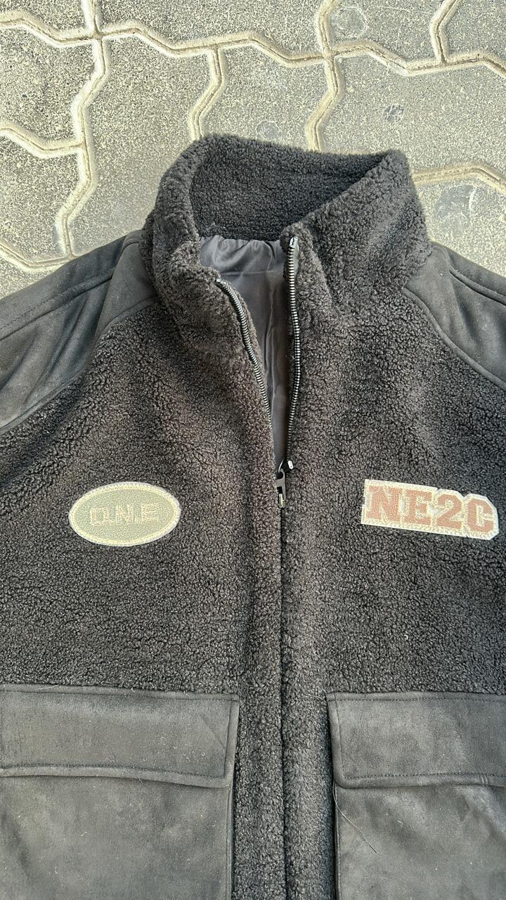 Black Sherpa Fleece Zip-Up Jacket | Suede Patch & Patches Streetwear Outerwear