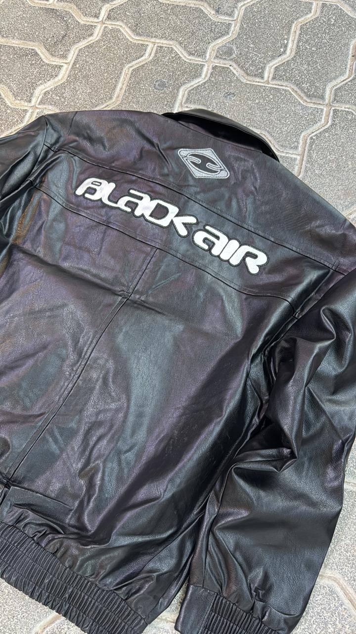 Black Faux Leather Racing Jacket | "BLACK AIR" Chest Graphic | Full-Zip Streetwear Bomber