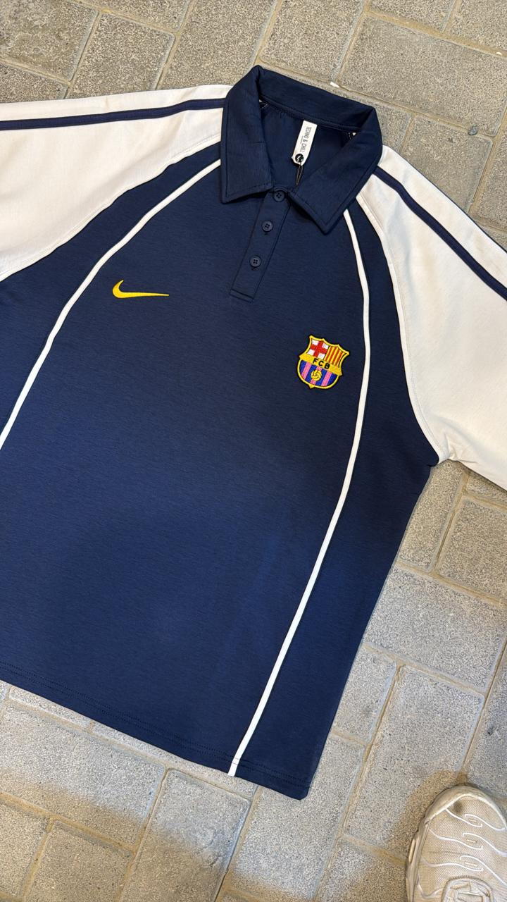 Vintage Nike FC Barcelona Polo Shirt - Navy Blue & White Raglan Sleeve