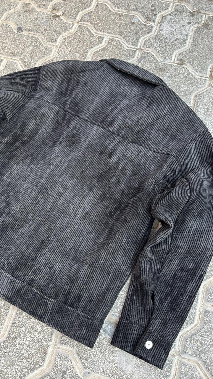 Vintage Wash Black Corduroy Chore Jacket with 'R' Logo