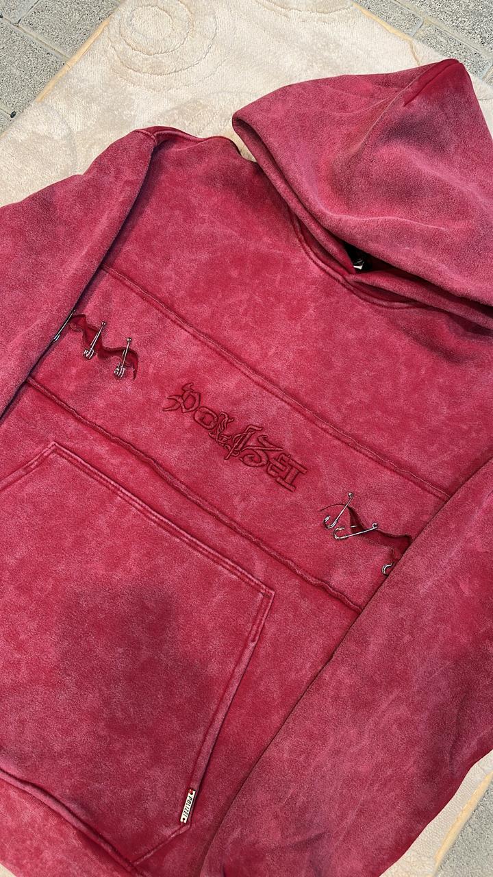 Distressed Burgundy/Maroon Acid Wash Hoodie with Embroidered Logo and Safety Pin Detailing