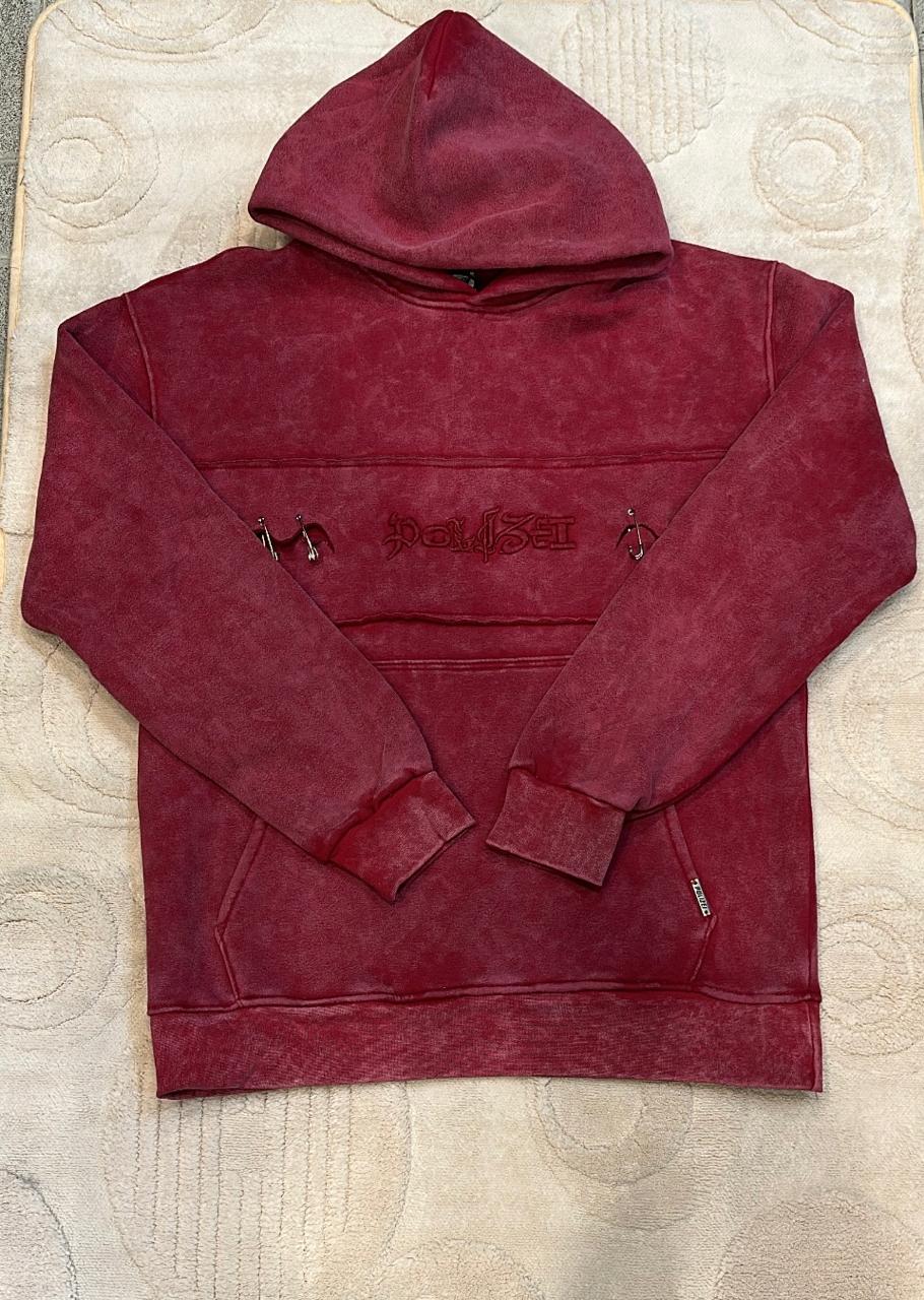 Distressed Burgundy/Maroon Acid Wash Hoodie with Embroidered Logo and Safety Pin Detailing