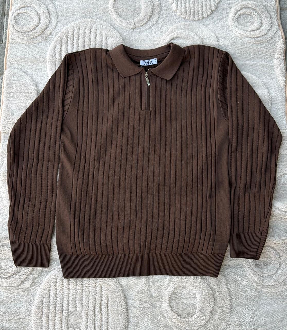 Zara Brown Ribbed Knit Quarter-Zip Polo Sweater