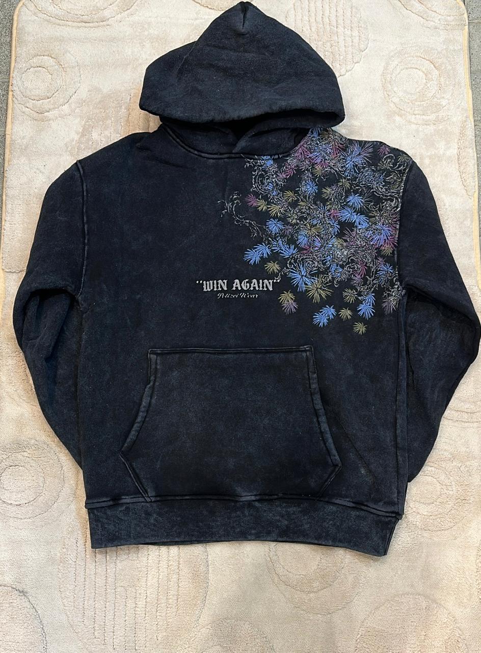Washed Black Hoodie with "Win Again" Text and Colorful Embroidered Floral Design