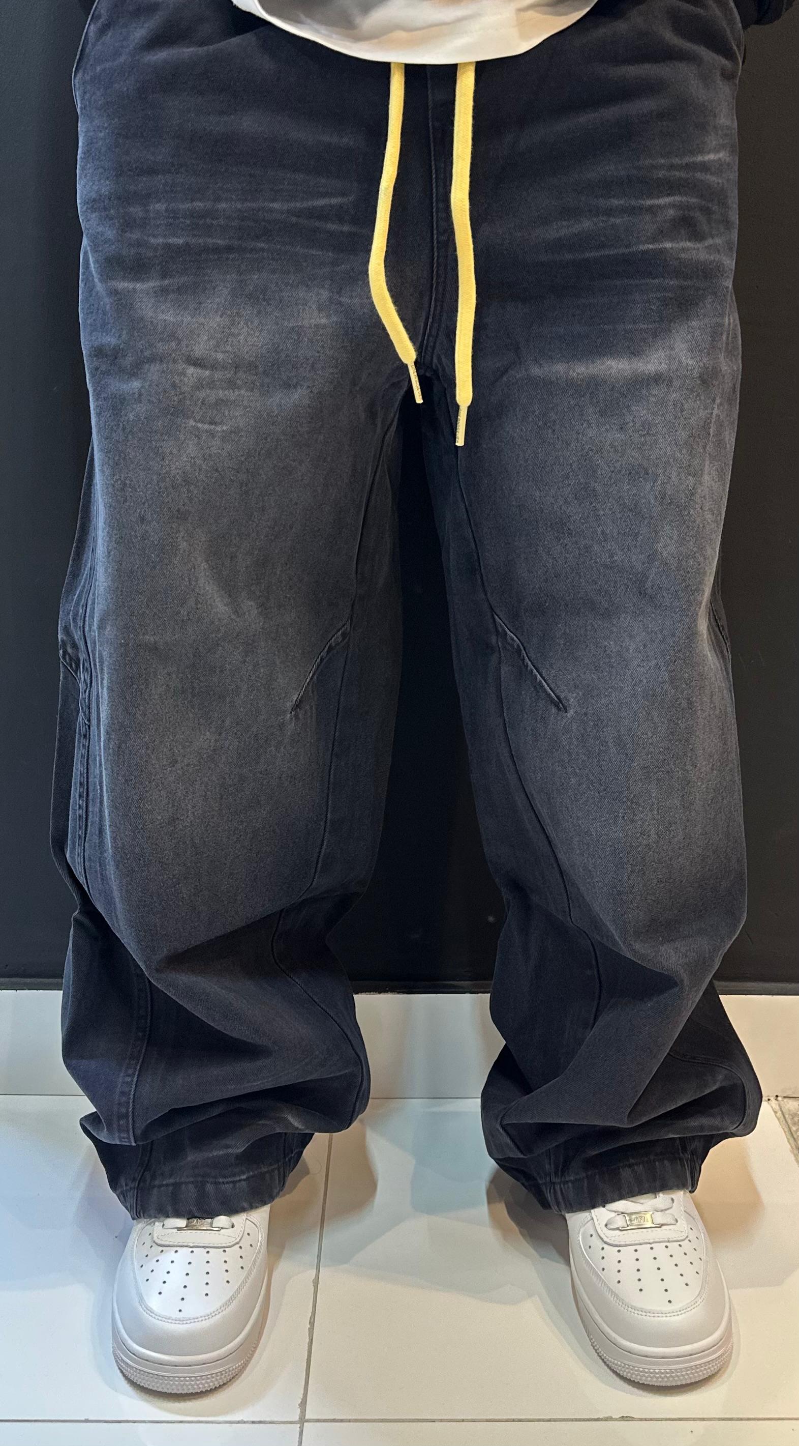 Deep Charcoal Baggy Jeans with Contrast Drawstring