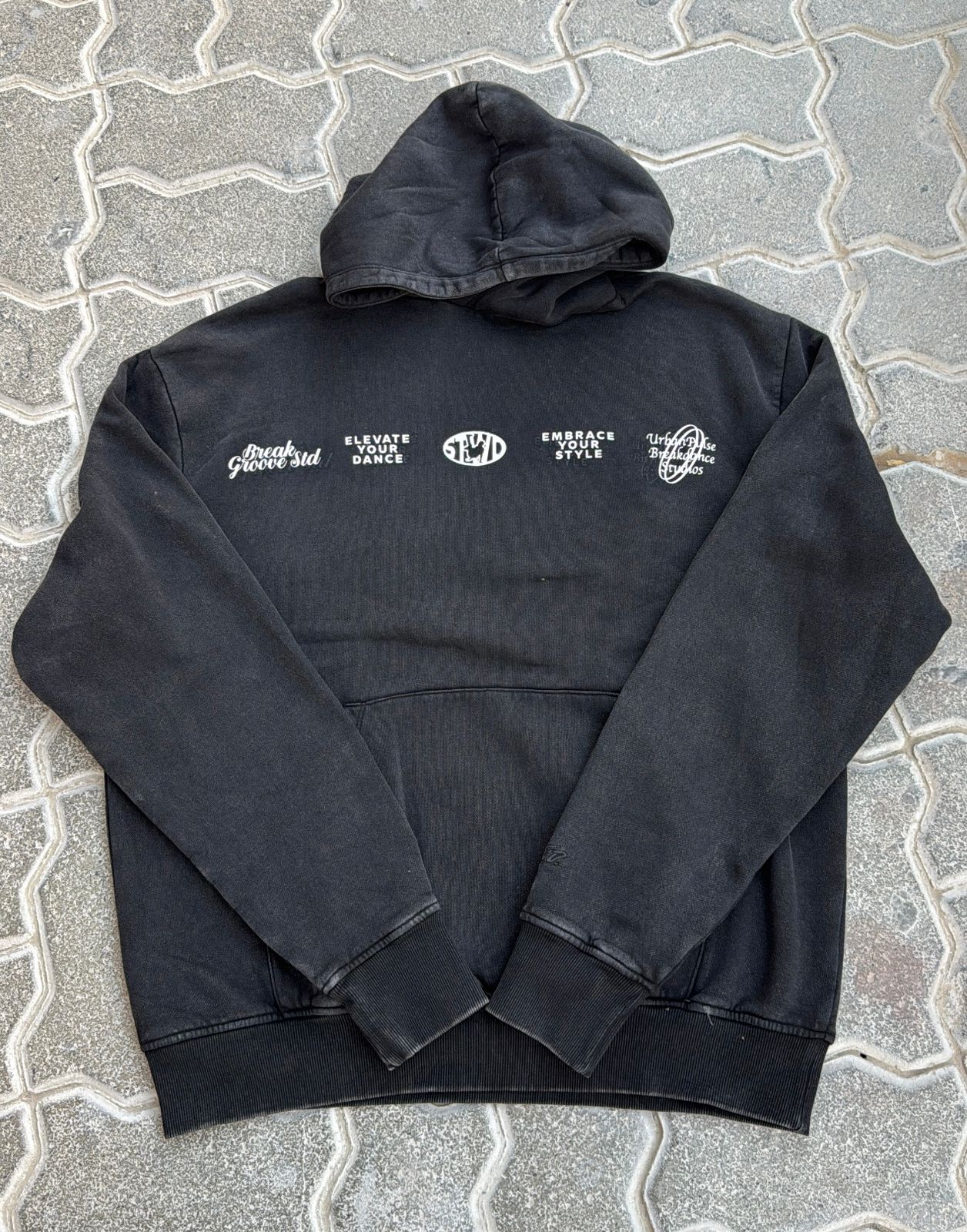 Vintage Faded Black Oversized Hoodie | Acid Wash Charcoal Pullover with Multiple Streetwear Graphics