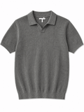 Grey Melange Ribbed Knit Polo Shirt – Premium Short Sleeve Smart Casual Top - Darkdxb