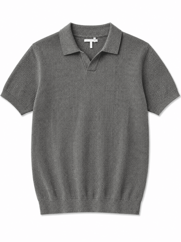 Grey Melange Ribbed Knit Polo Shirt – Premium Short Sleeve Smart Casual Top - Darkdxb