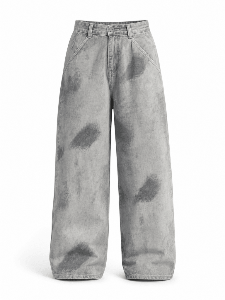 Grey Washed Wide-Leg Jeans with Distressed Brush Print - Darkdxb