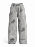 Grey Washed Wide-Leg Jeans with Distressed Brush Print - Darkdxb