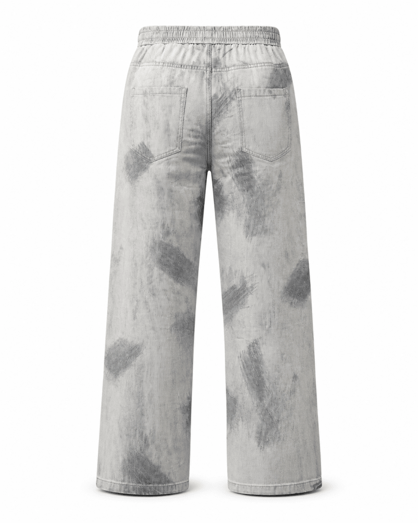 Grey Washed Wide-Leg Jeans with Distressed Brush Print - Darkdxb