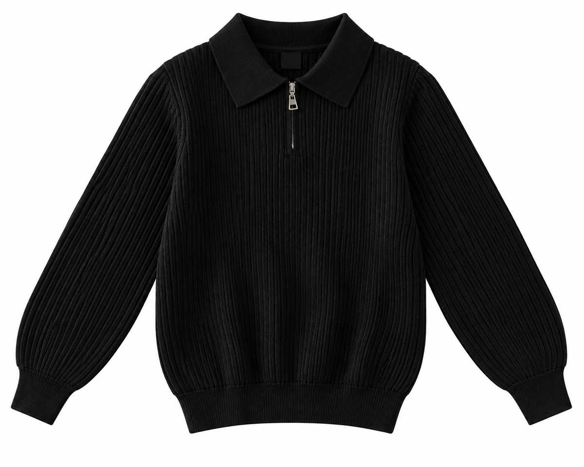 Black long-sleeve ribbed shirt with a collared quarter-zip neckline, ribbed cuffs, and ribbed hem