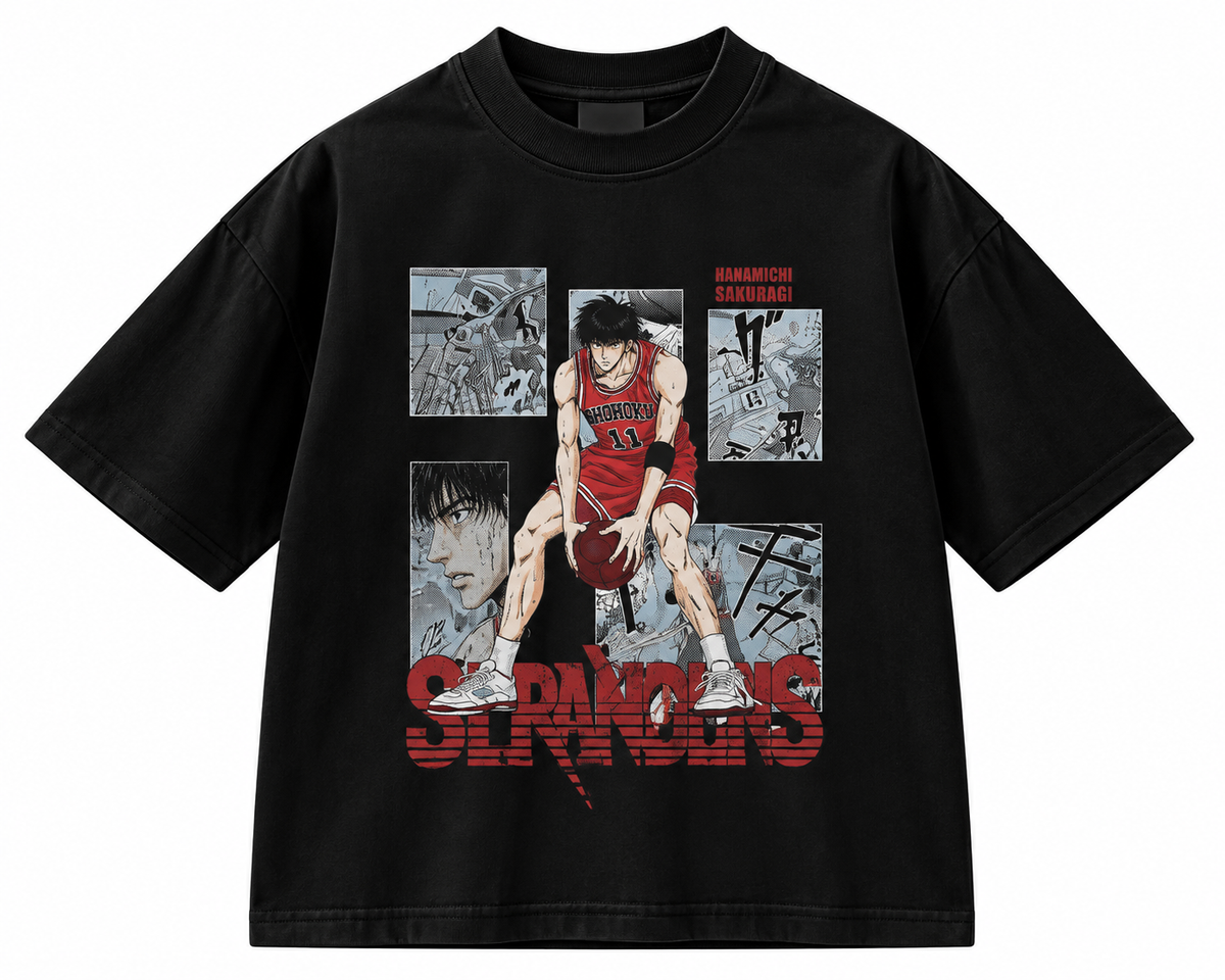 Black short-sleeve crew-neck T-shirt with a red number 11 basketball player, manga panels, and Slam Dunk lettering